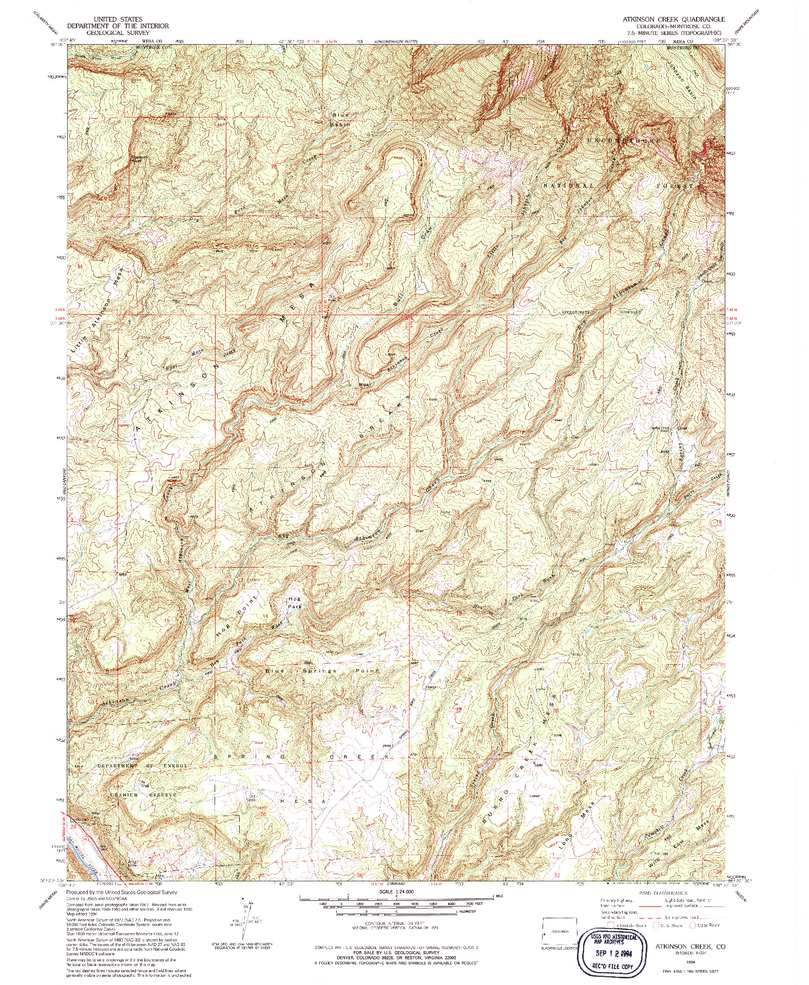 USGS 1:24000-SCALE QUADRANGLE FOR ATKINSON CREEK, CO 1994