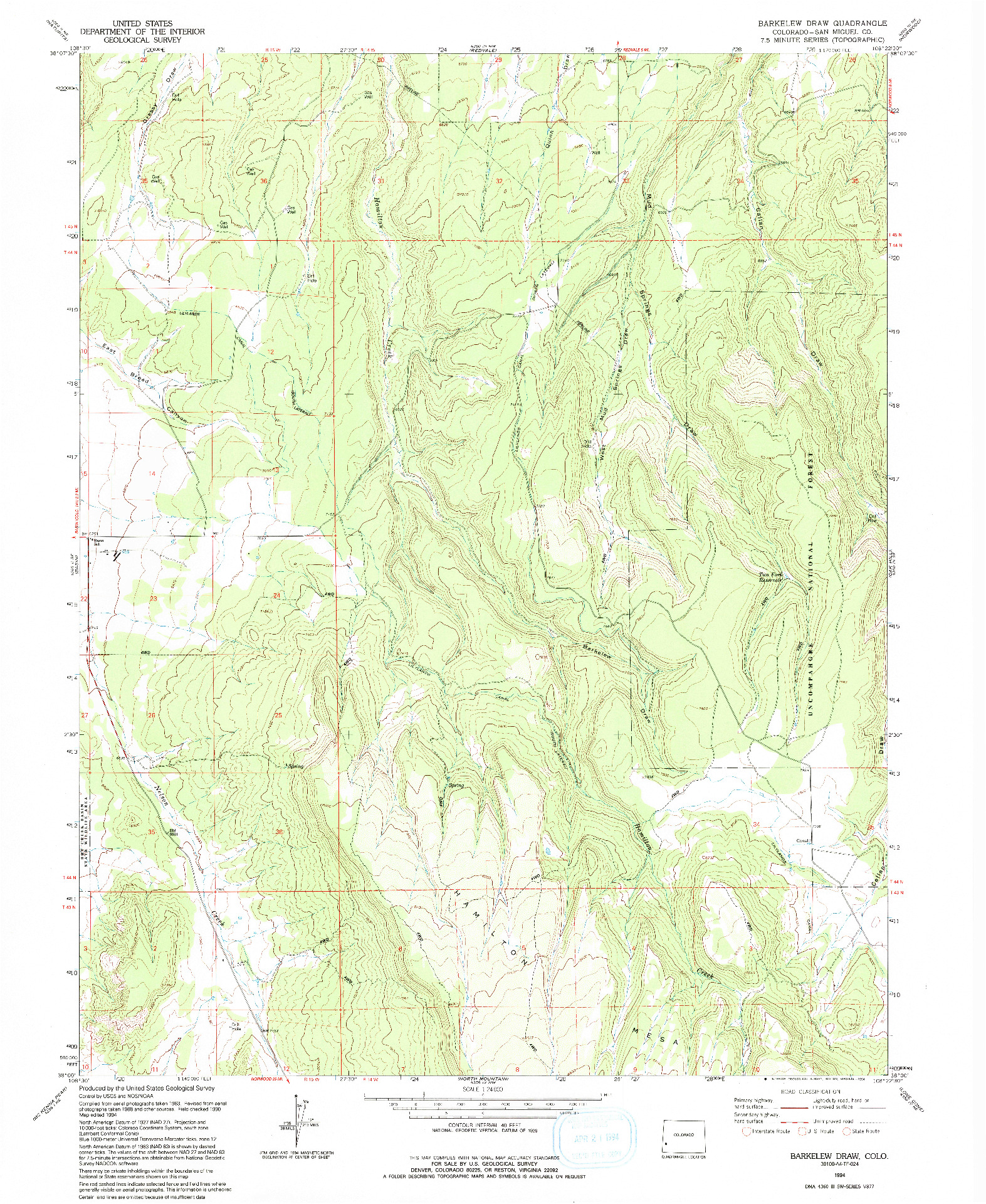 USGS 1:24000-SCALE QUADRANGLE FOR BARKELEW DRAW, CO 1994