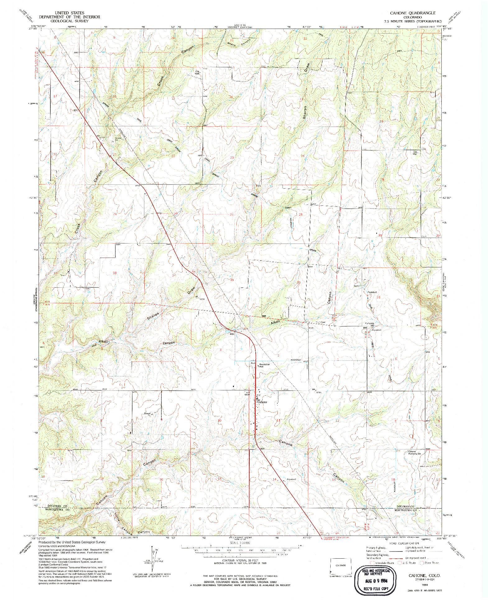 USGS 1:24000-SCALE QUADRANGLE FOR CAHONE, CO 1994