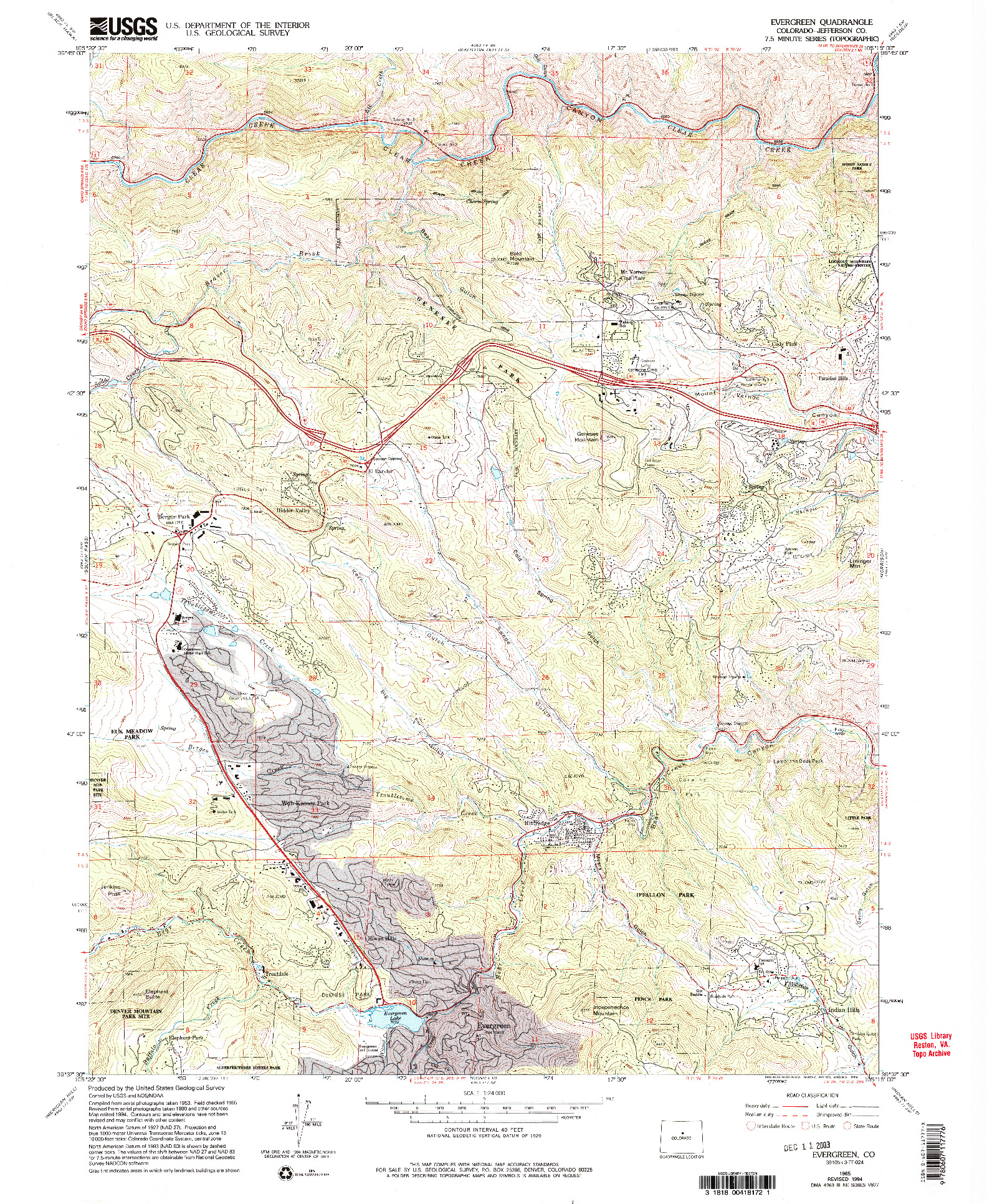 USGS 1:24000-SCALE QUADRANGLE FOR EVERGREEN, CO 1994