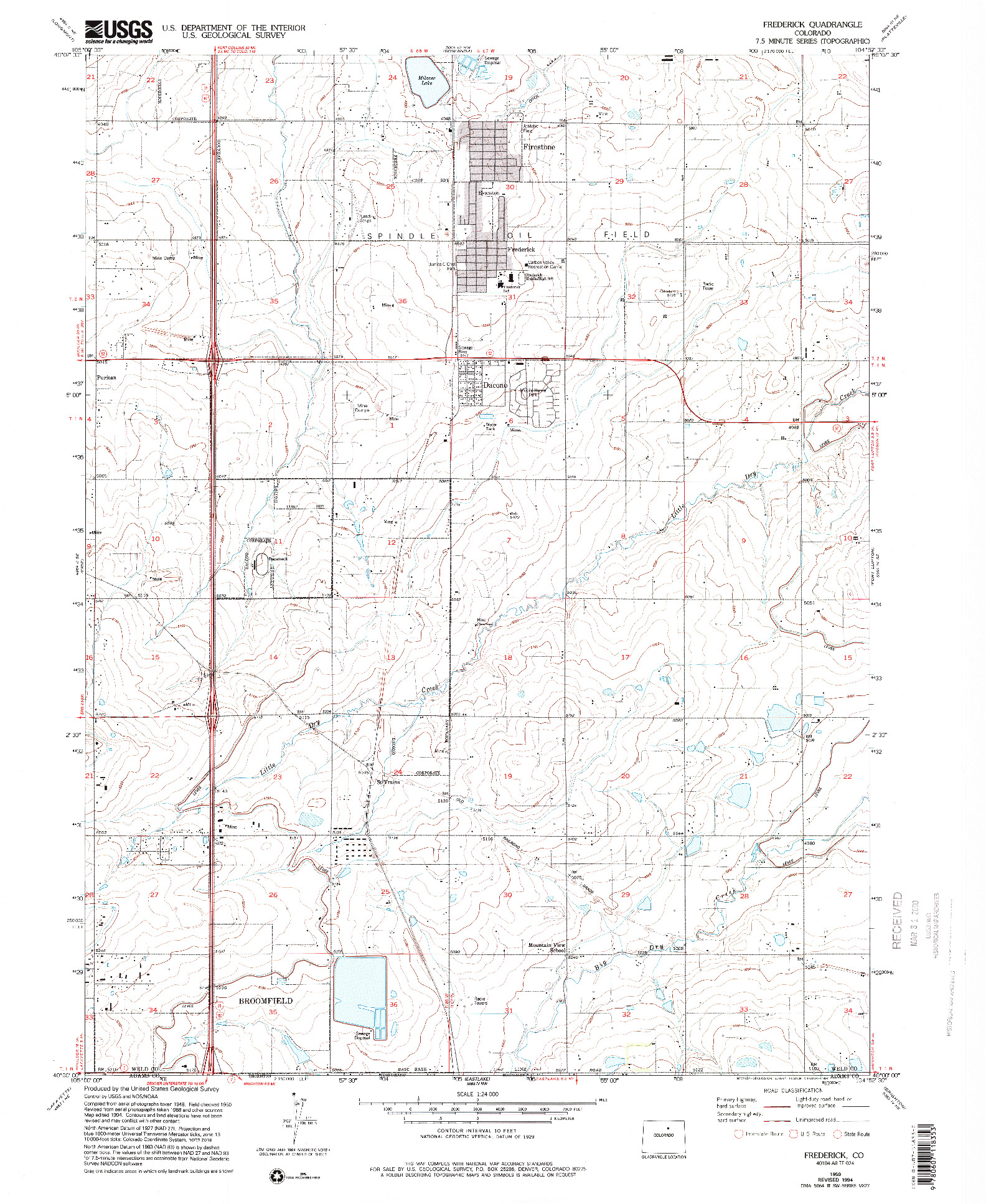 USGS 1:24000-SCALE QUADRANGLE FOR FREDERICK, CO 1950