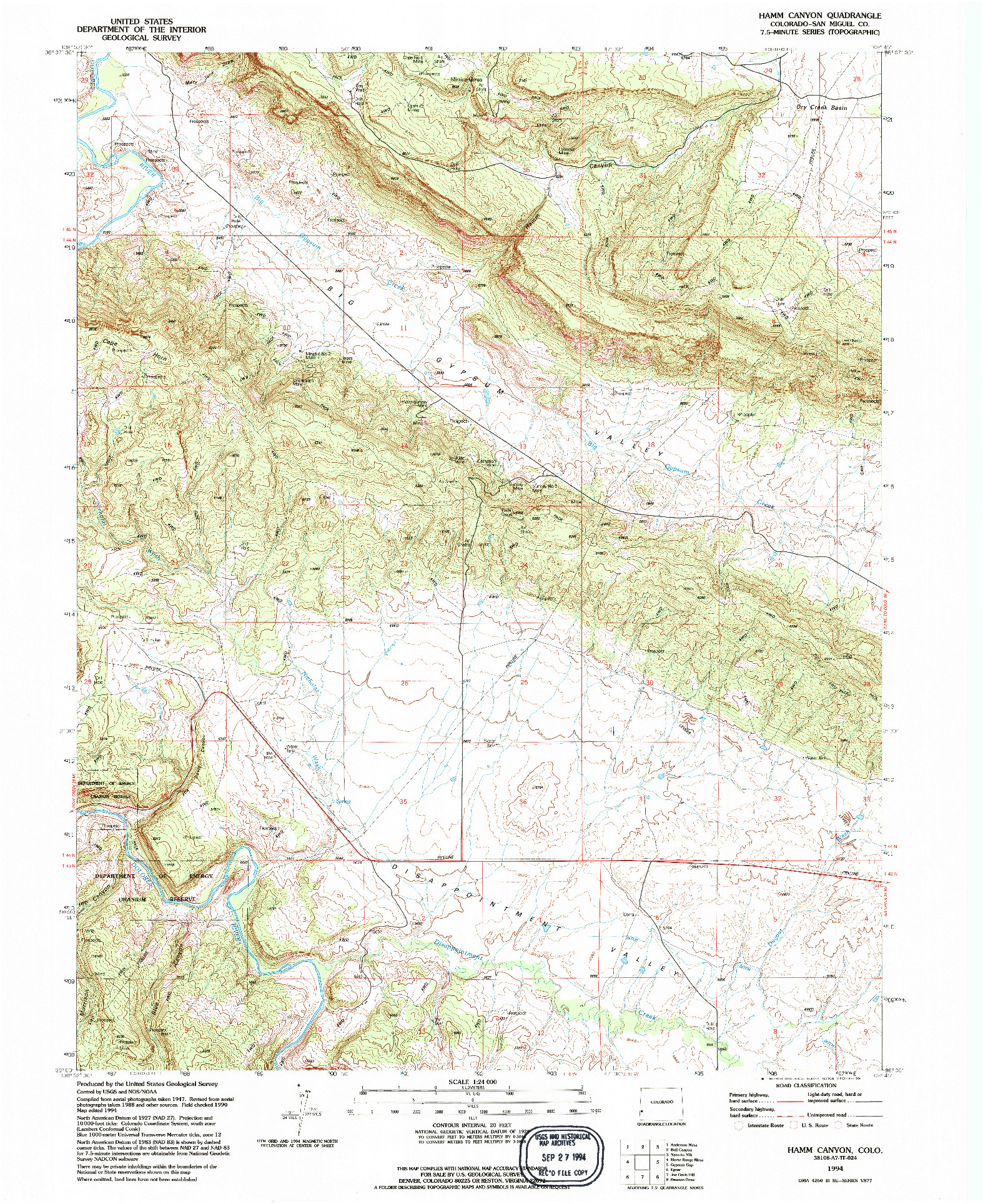 USGS 1:24000-SCALE QUADRANGLE FOR HAMM CANYON, CO 1994