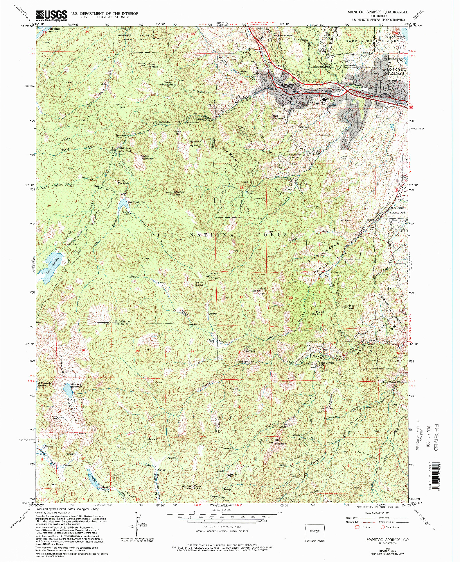 USGS 1:24000-SCALE QUADRANGLE FOR MANITOU SPRINGS, CO 1961