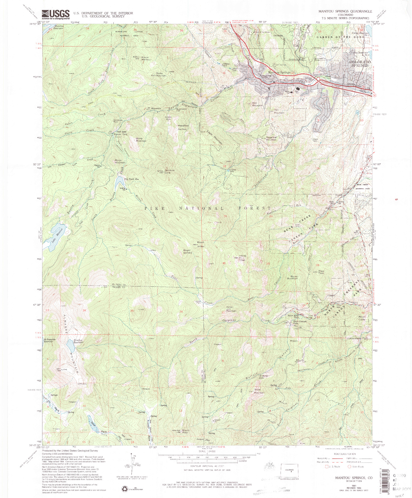 USGS 1:24000-SCALE QUADRANGLE FOR MANITOU SPRINGS, CO 1961