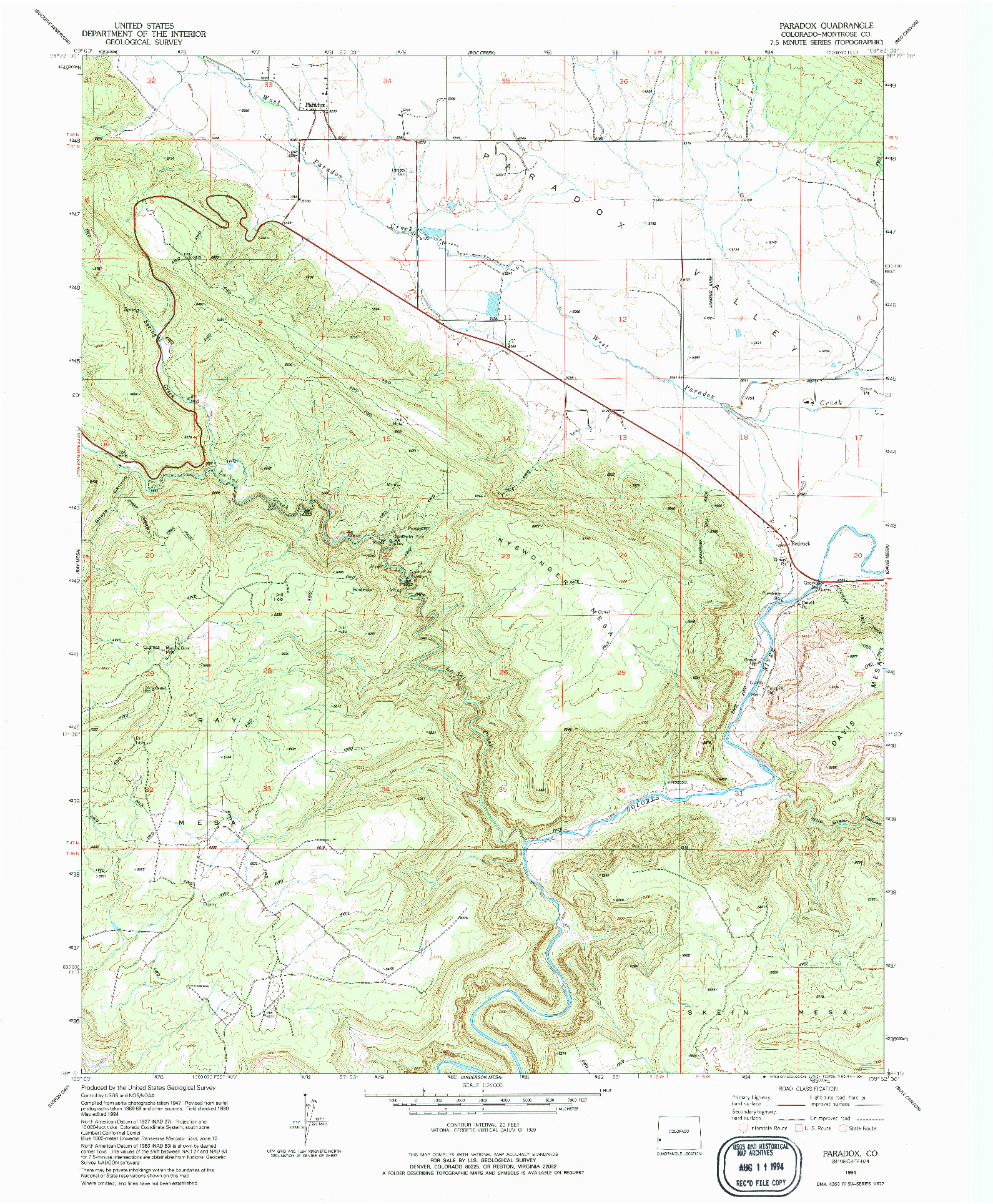 USGS 1:24000-SCALE QUADRANGLE FOR PARADOX, CO 1994