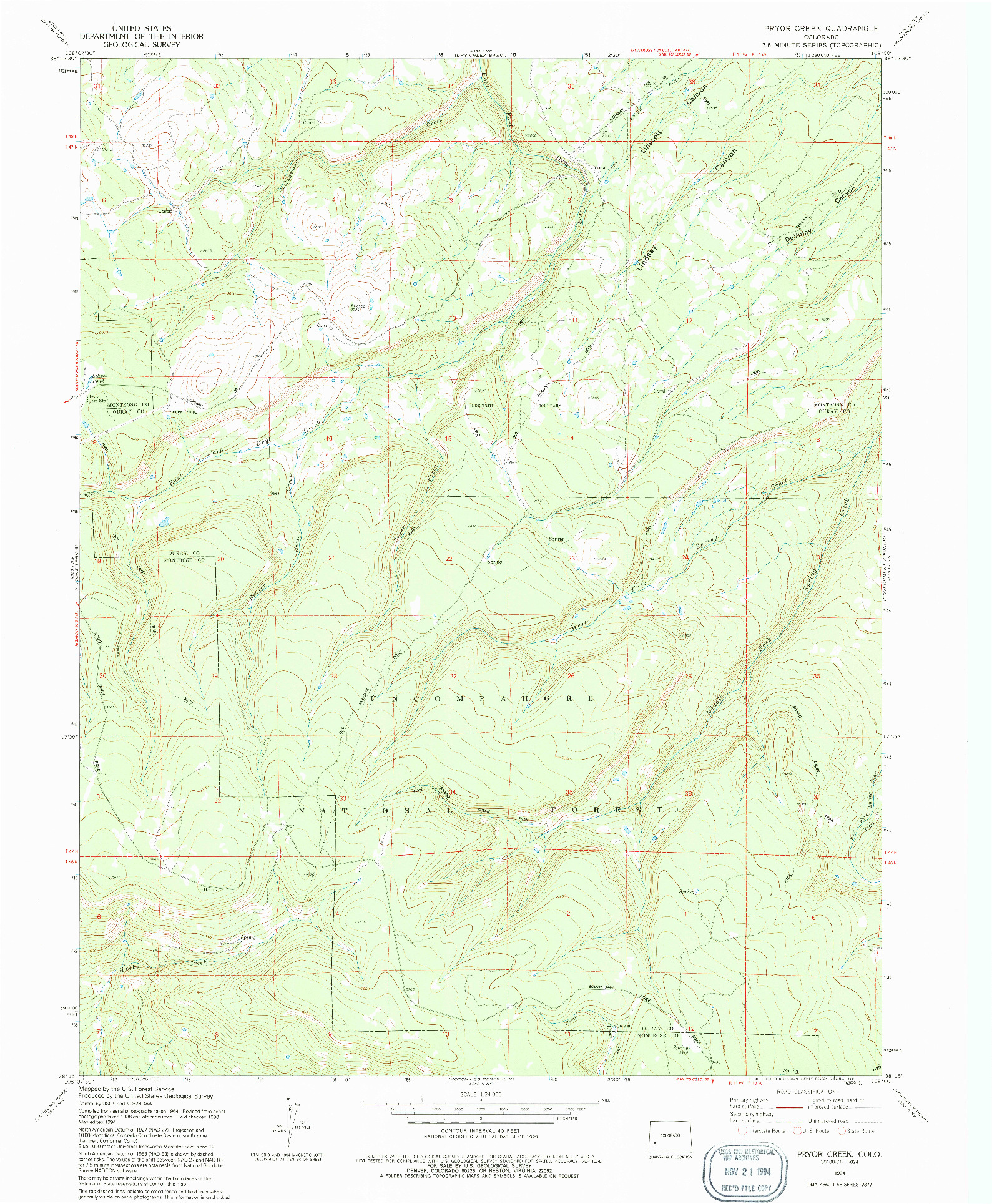 USGS 1:24000-SCALE QUADRANGLE FOR PRYOR CREEK, CO 1994