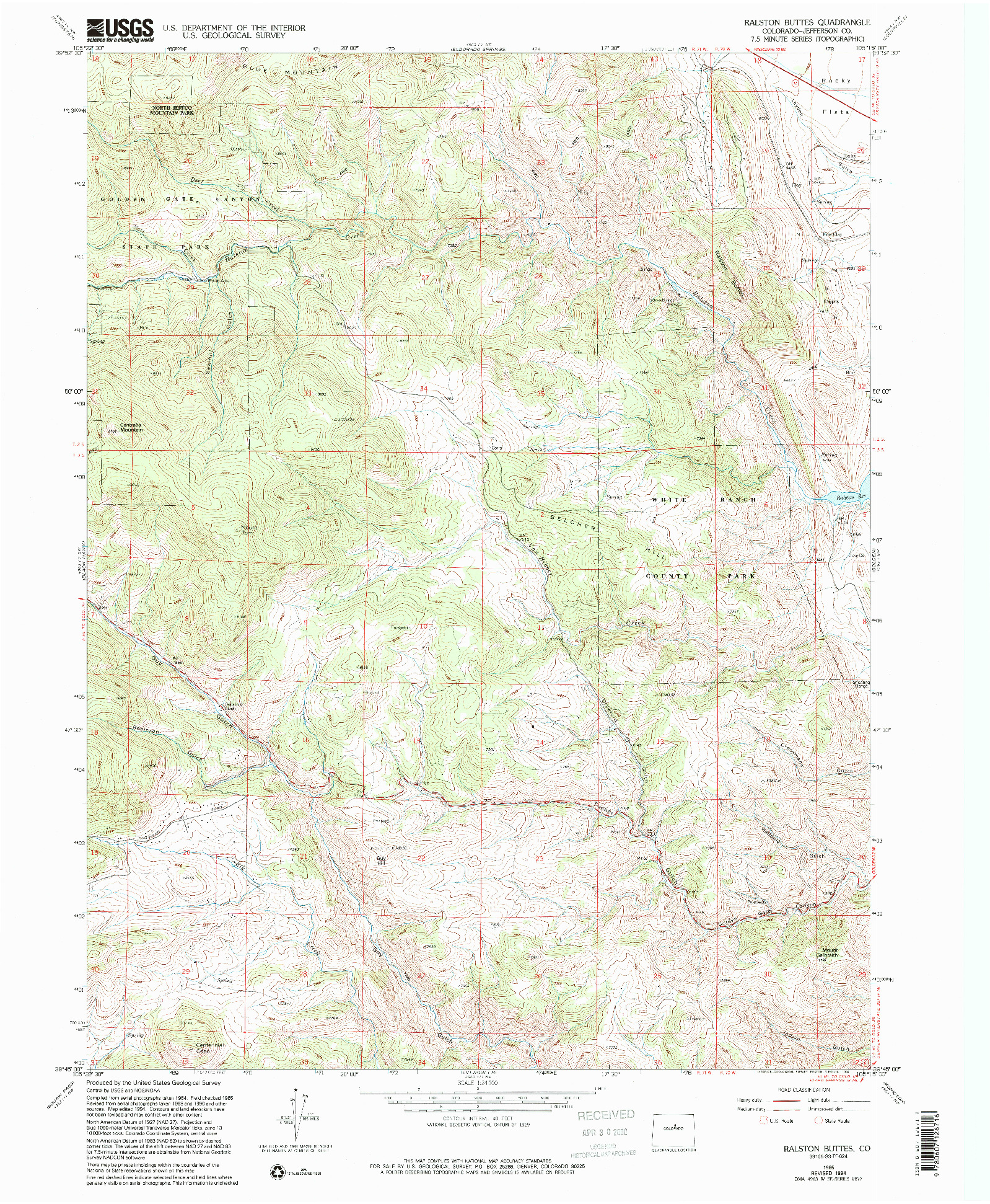 USGS 1:24000-SCALE QUADRANGLE FOR RALSTON BUTTES, CO 1965