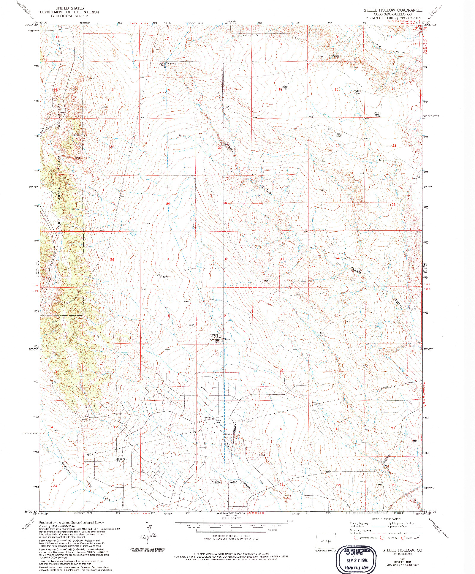 USGS 1:24000-SCALE QUADRANGLE FOR STEELE HOLLOW, CO 1961