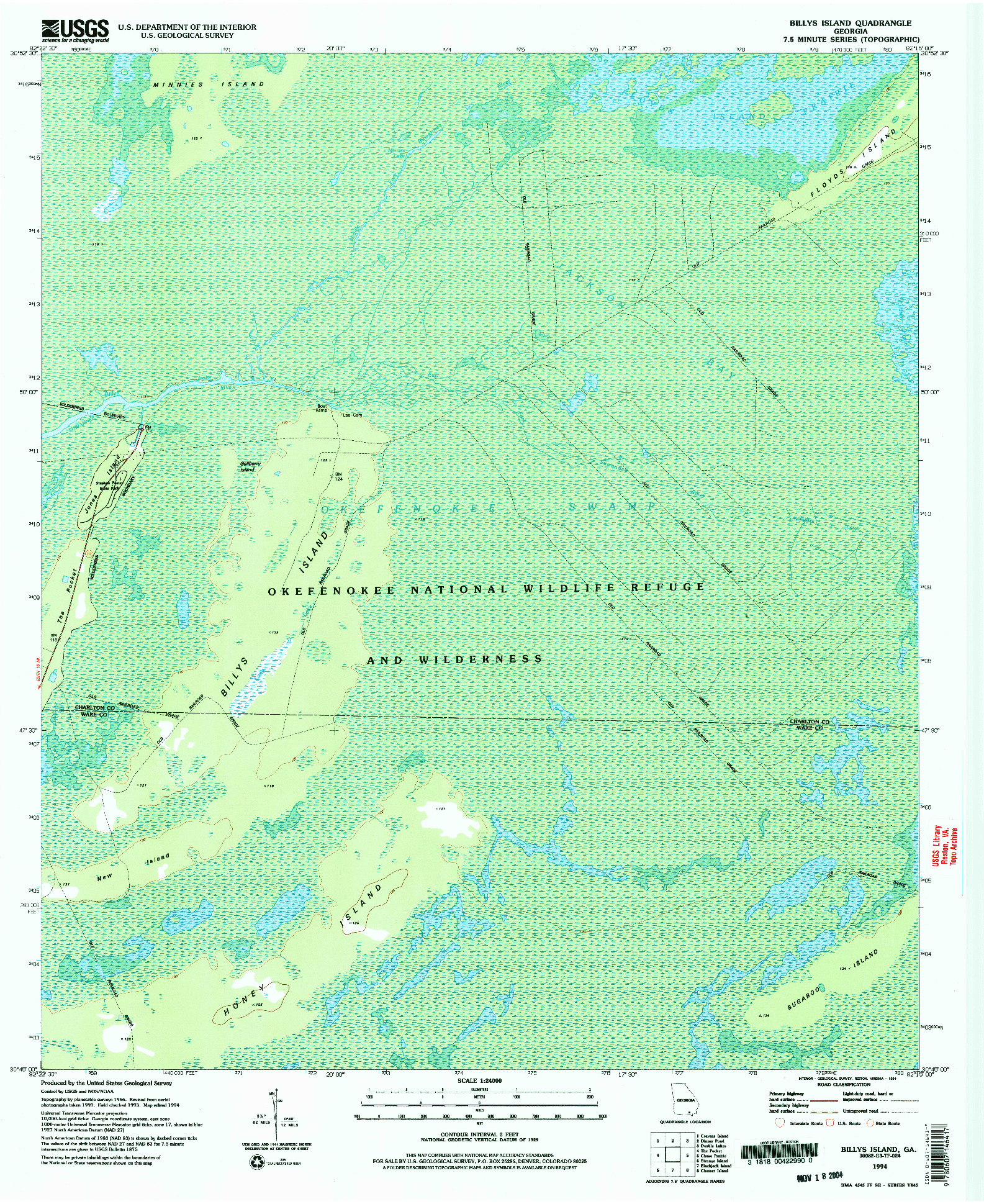 USGS 1:24000-SCALE QUADRANGLE FOR BILLYS ISLAND, GA 1994