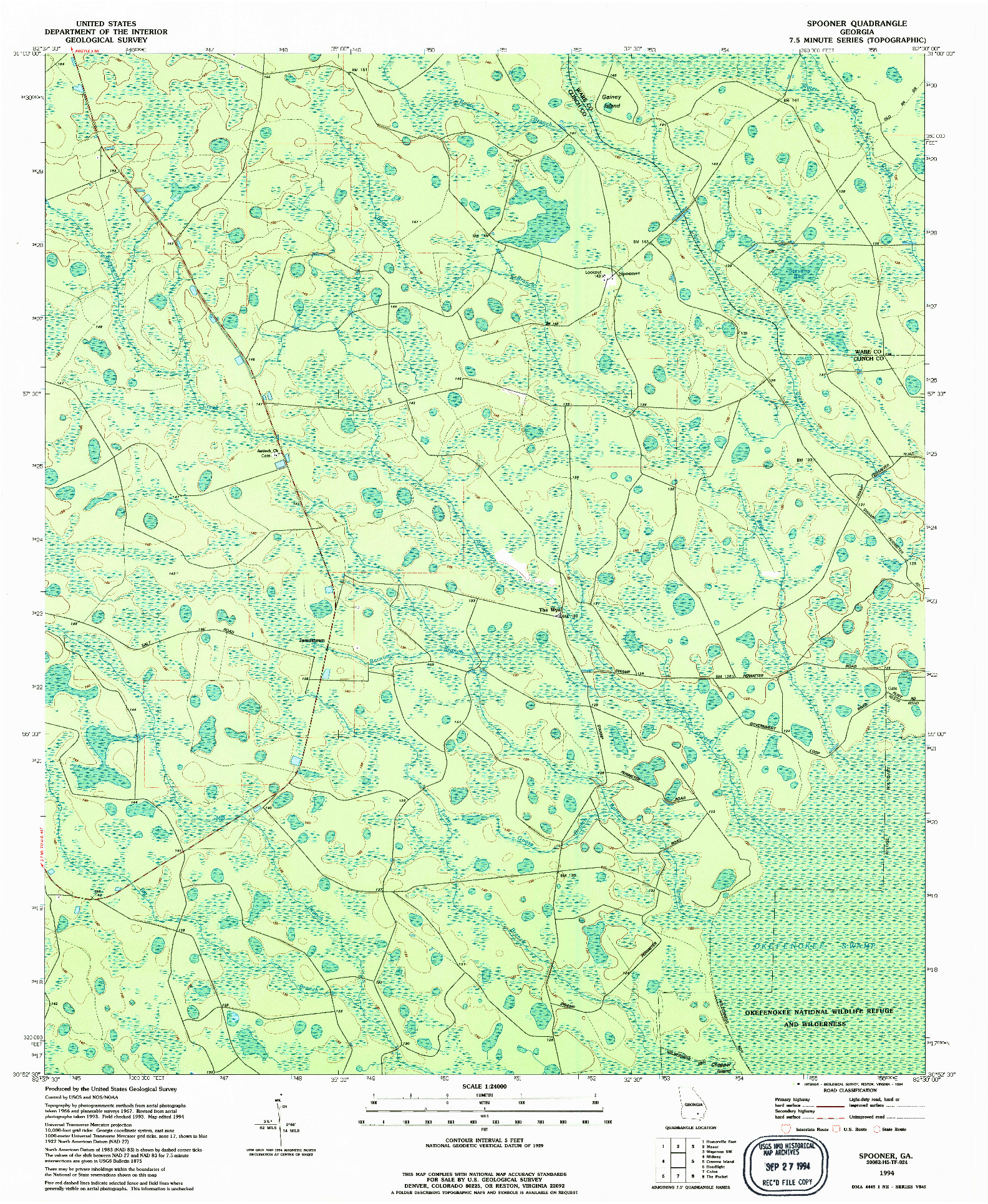 USGS 1:24000-SCALE QUADRANGLE FOR SPOONER, GA 1994