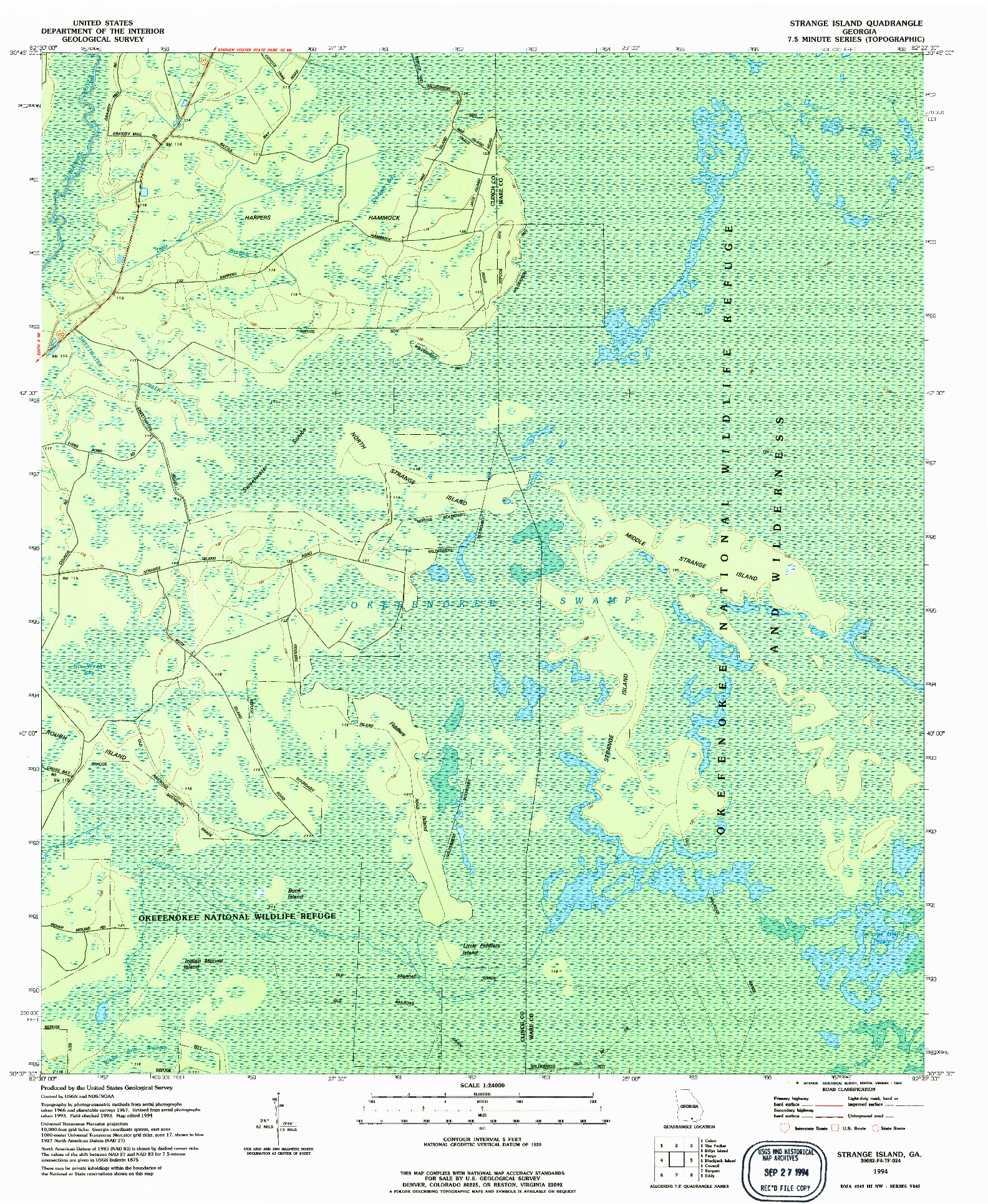USGS 1:24000-SCALE QUADRANGLE FOR STRANGE ISLAND, GA 1994