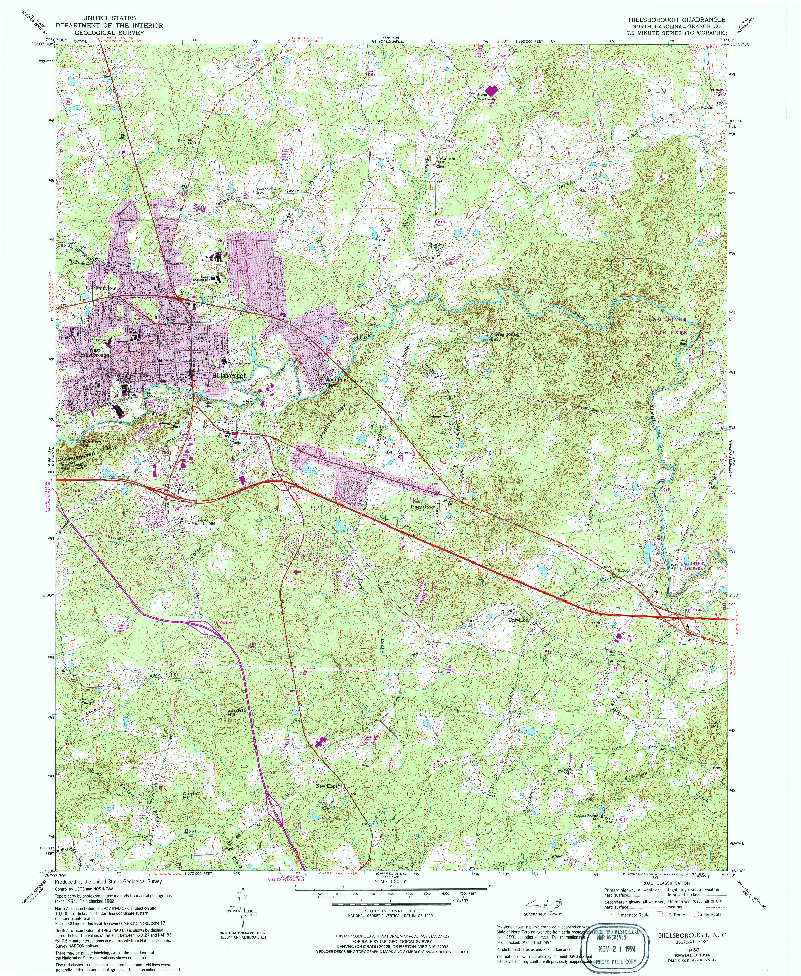 USGS 1:24000-SCALE QUADRANGLE FOR HILLSBOROUGH, NC 1968