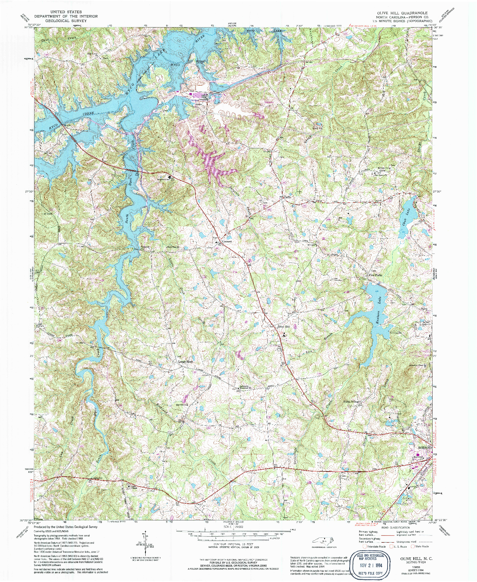 USGS 1:24000-SCALE QUADRANGLE FOR OLIVE HILL, NC 1968