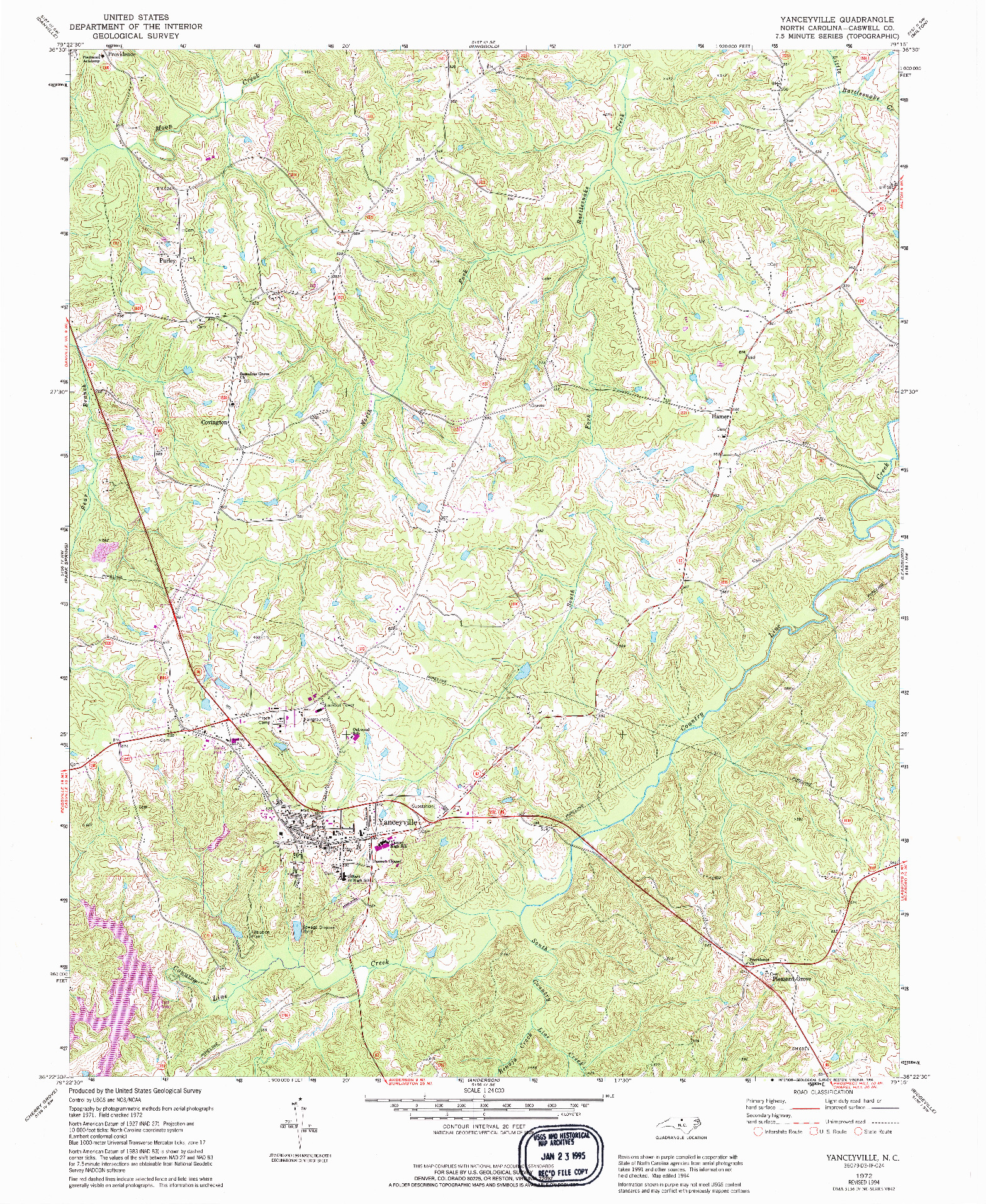 USGS 1:24000-SCALE QUADRANGLE FOR YANCEYVILLE, NC 1972