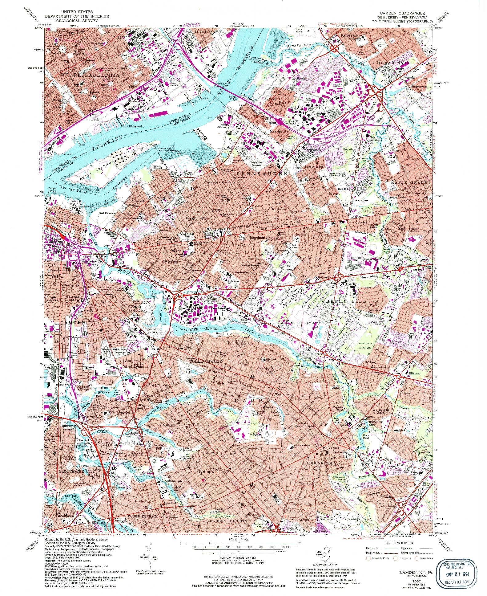 USGS 1:24000-SCALE QUADRANGLE FOR CAMDEN, NJ 1967