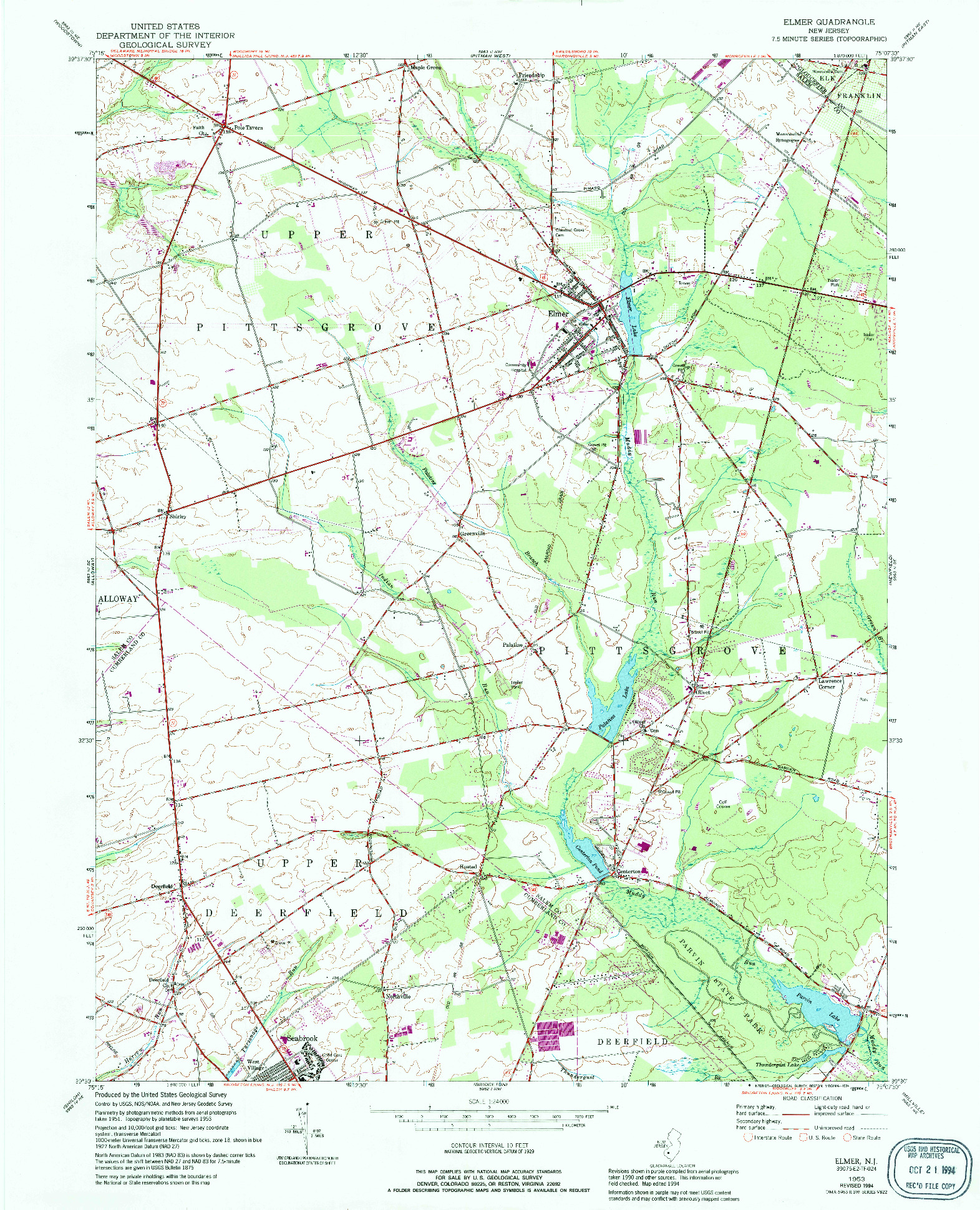 USGS 1:24000-SCALE QUADRANGLE FOR ELMER, NJ 1953