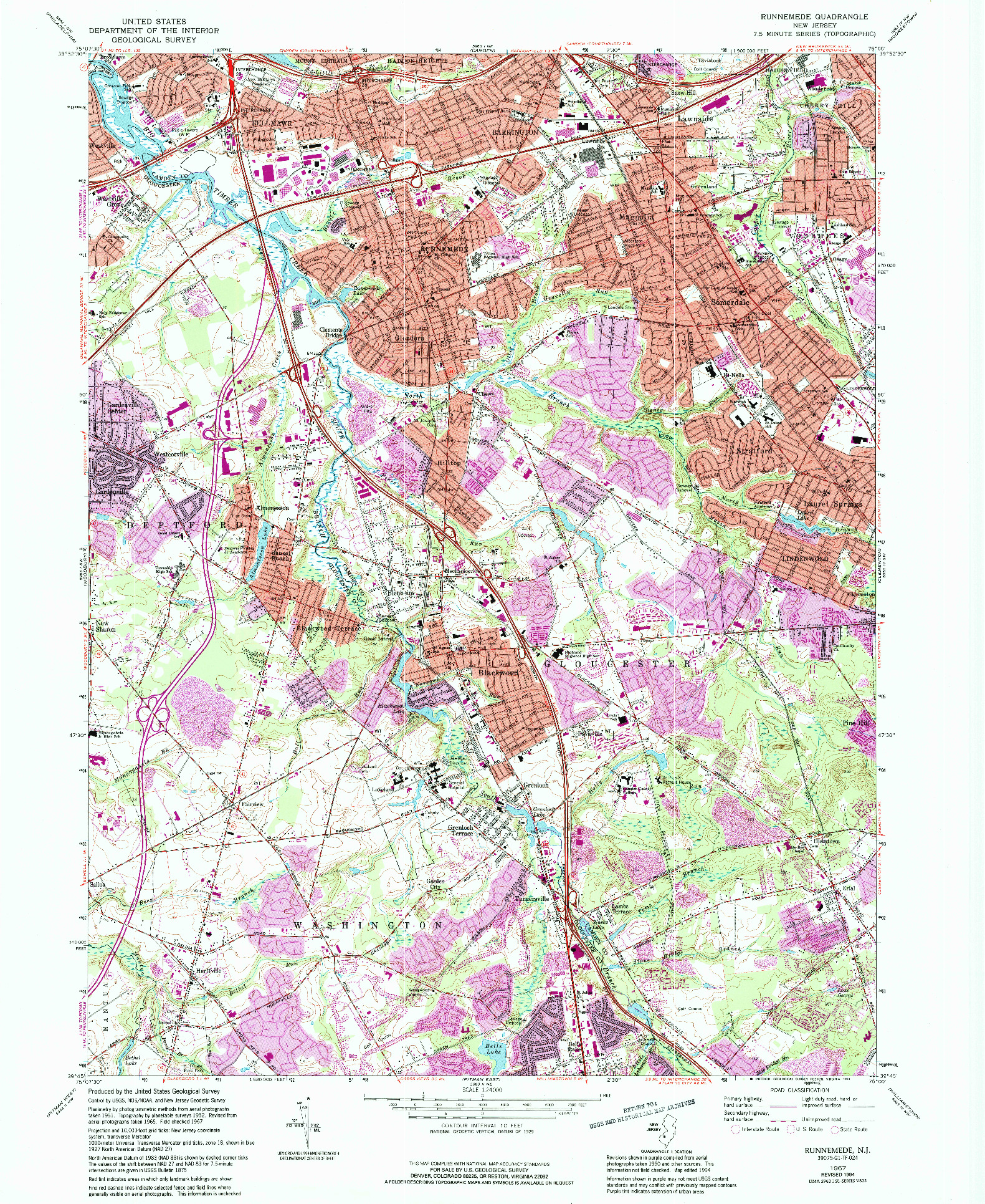 USGS 1:24000-SCALE QUADRANGLE FOR RUNNEMEDE, NJ 1967