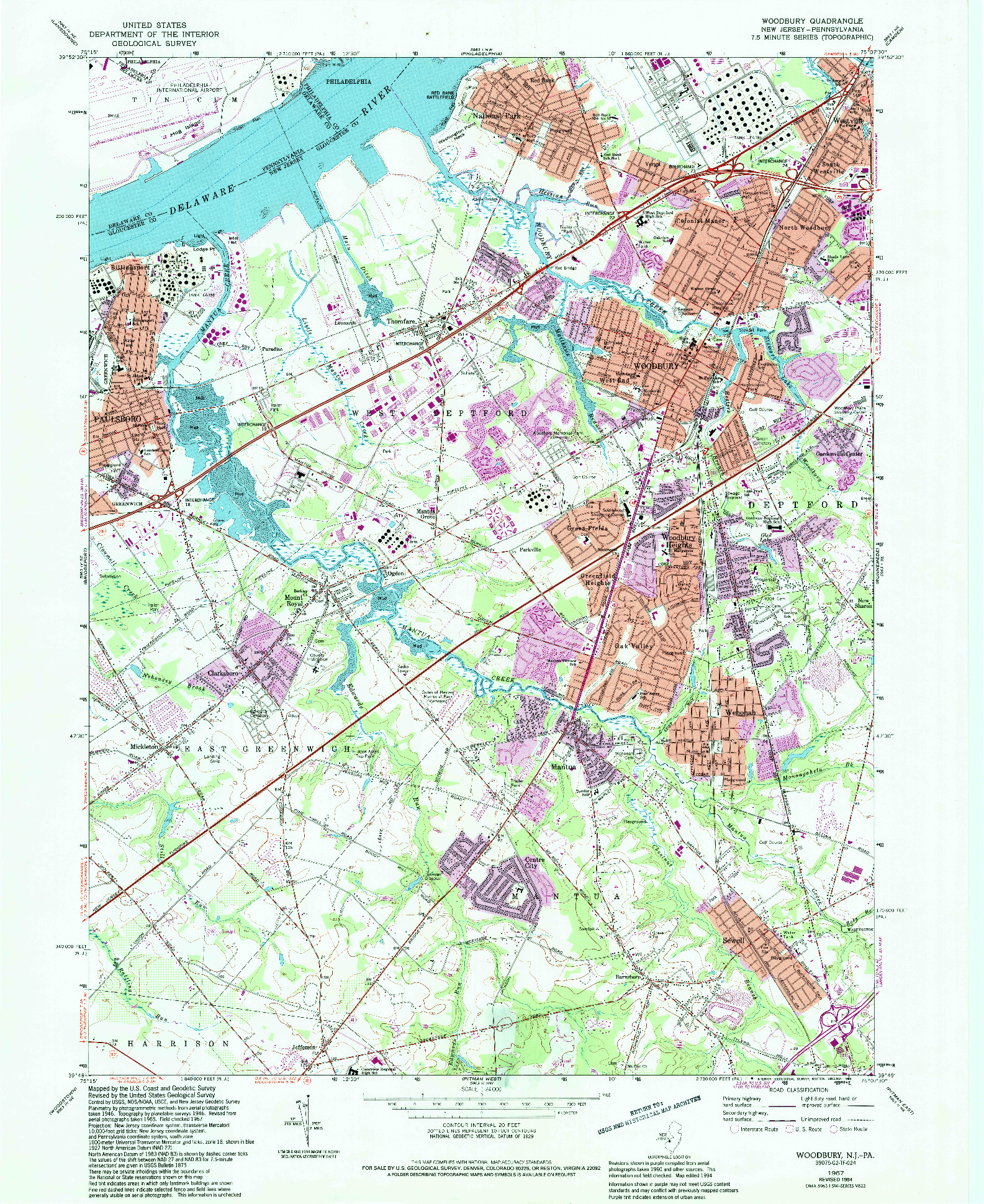 USGS 1:24000-SCALE QUADRANGLE FOR WOODBURY, NJ 1967