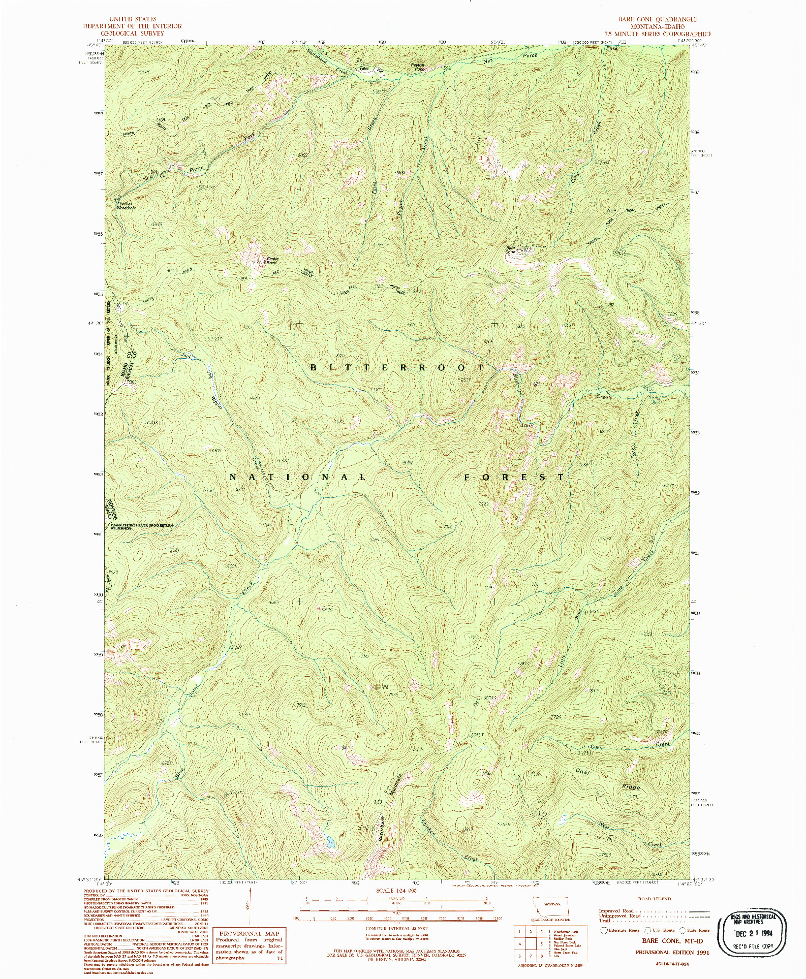 USGS 1:24000-SCALE QUADRANGLE FOR BARE CONE, MT 1991