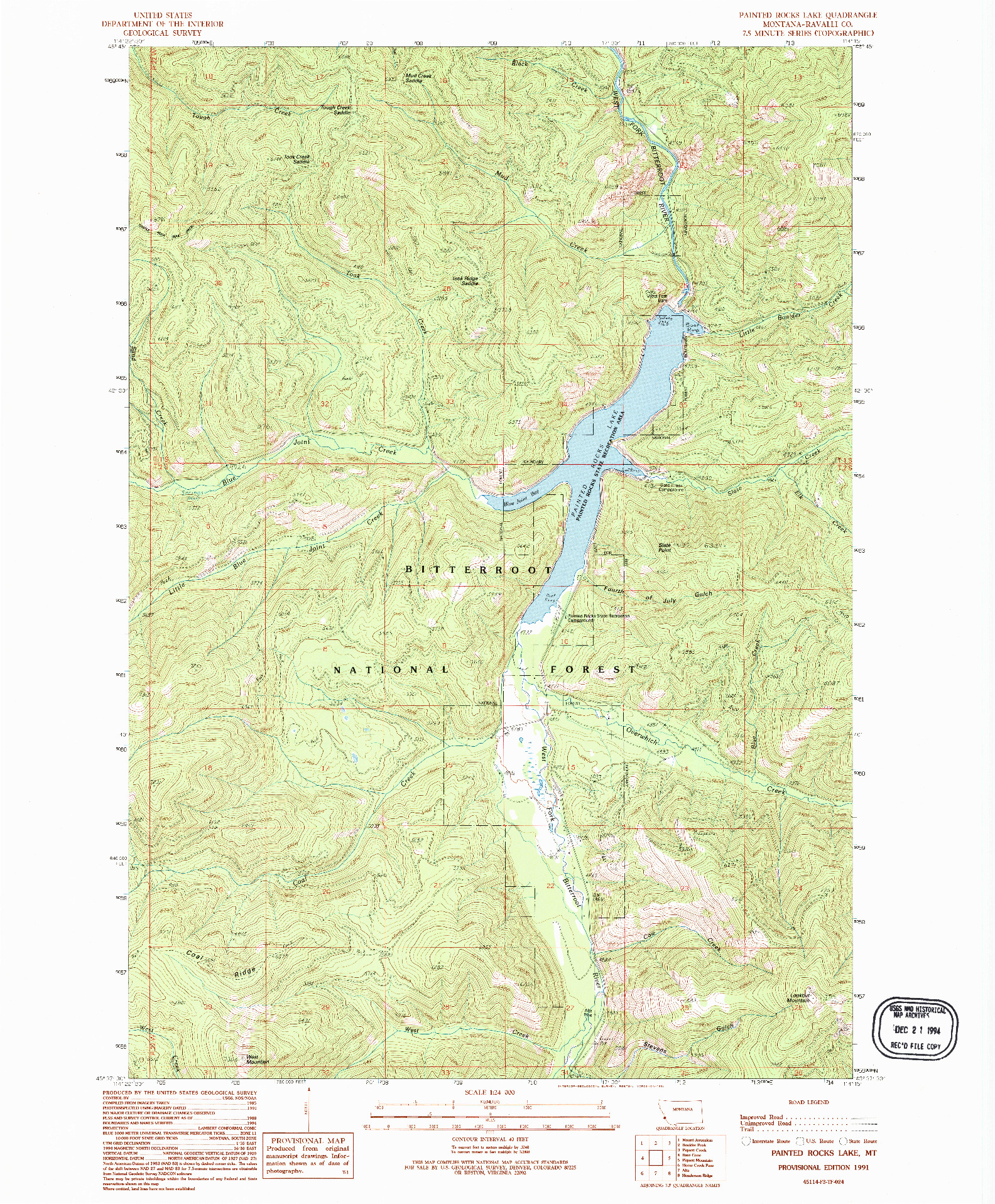 USGS 1:24000-SCALE QUADRANGLE FOR PAINTED ROCKS LAKE, MT 1991
