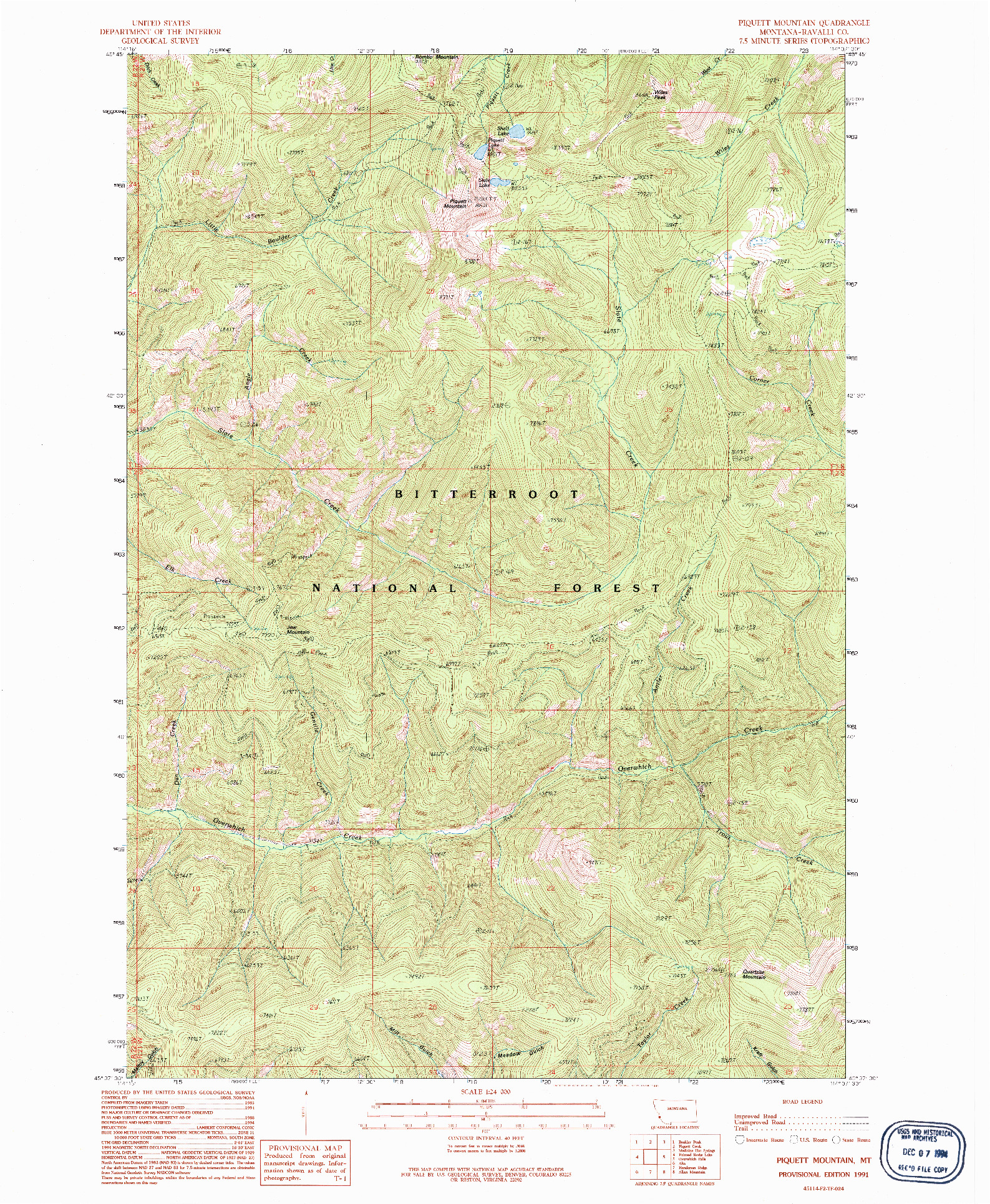 USGS 1:24000-SCALE QUADRANGLE FOR PIQUETT MOUNTAIN, MT 1991