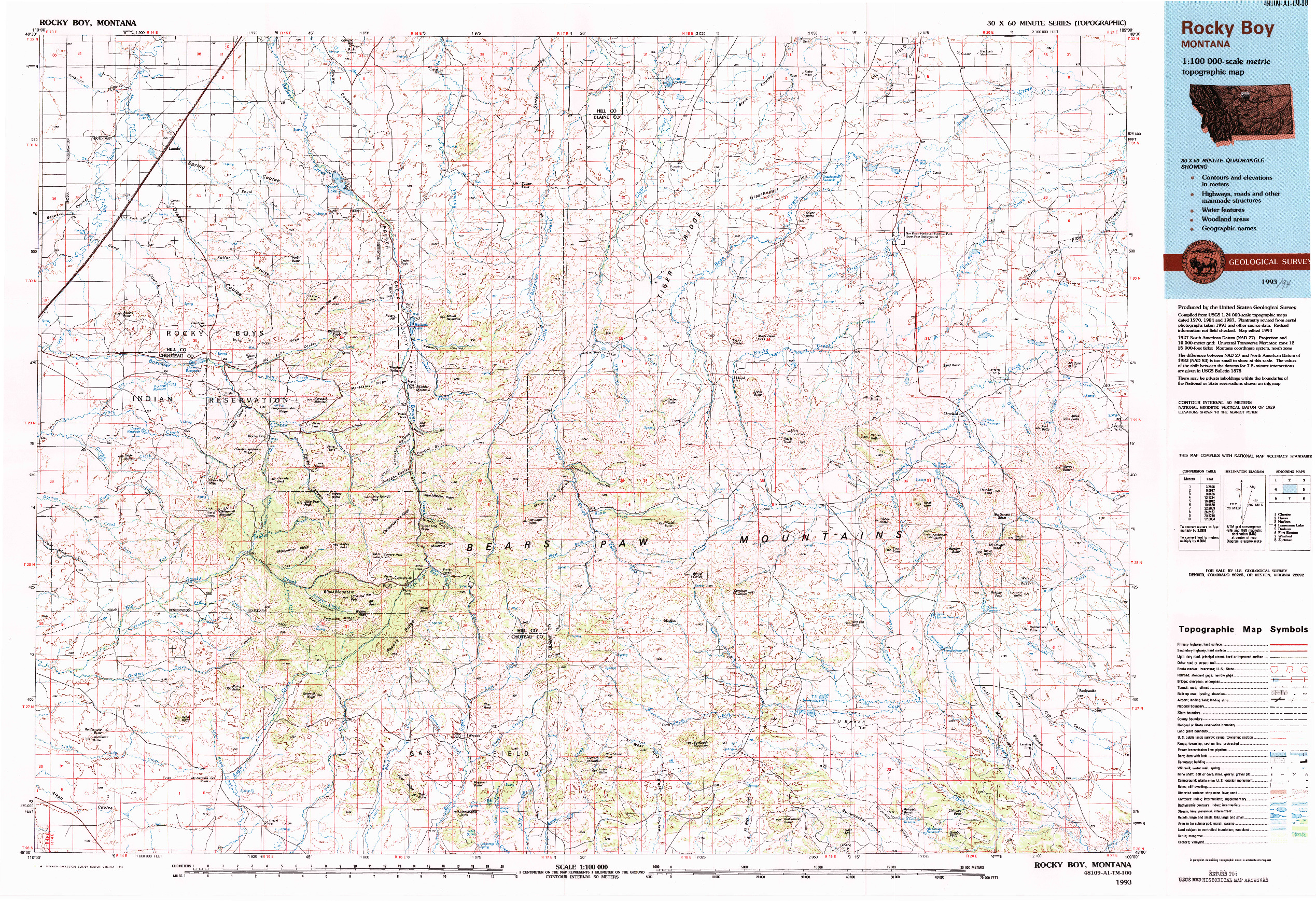 USGS 1:100000-SCALE QUADRANGLE FOR ROCKY BOY, MT 1993