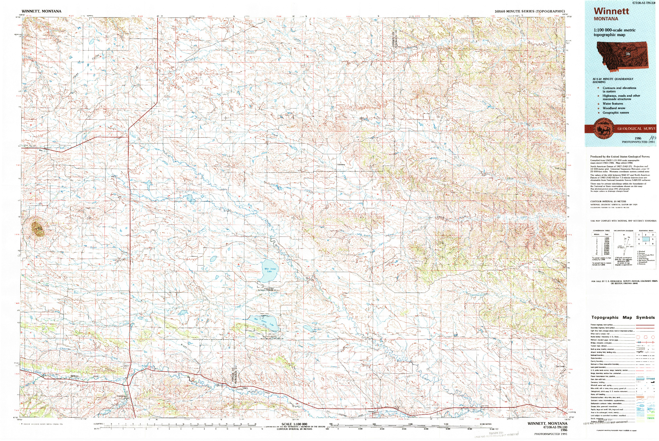 USGS 1:100000-SCALE QUADRANGLE FOR WINNETT, MT 1986