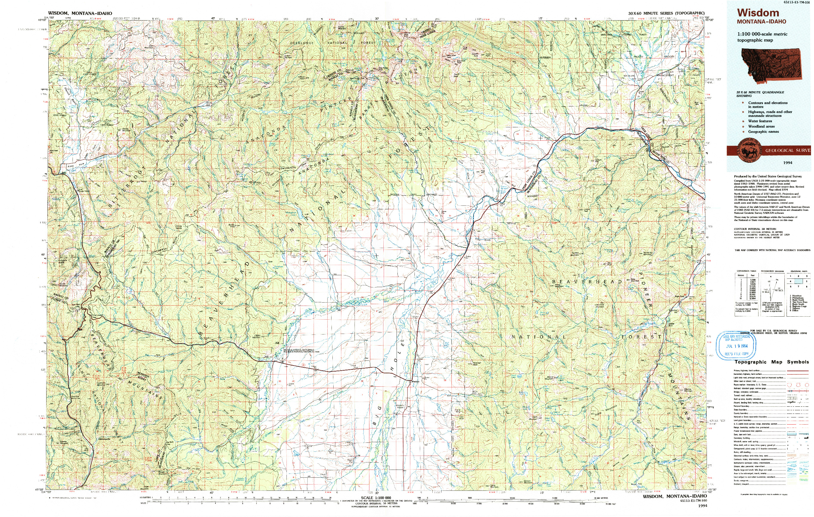 USGS 1:100000-SCALE QUADRANGLE FOR WISDOM, MT 1994