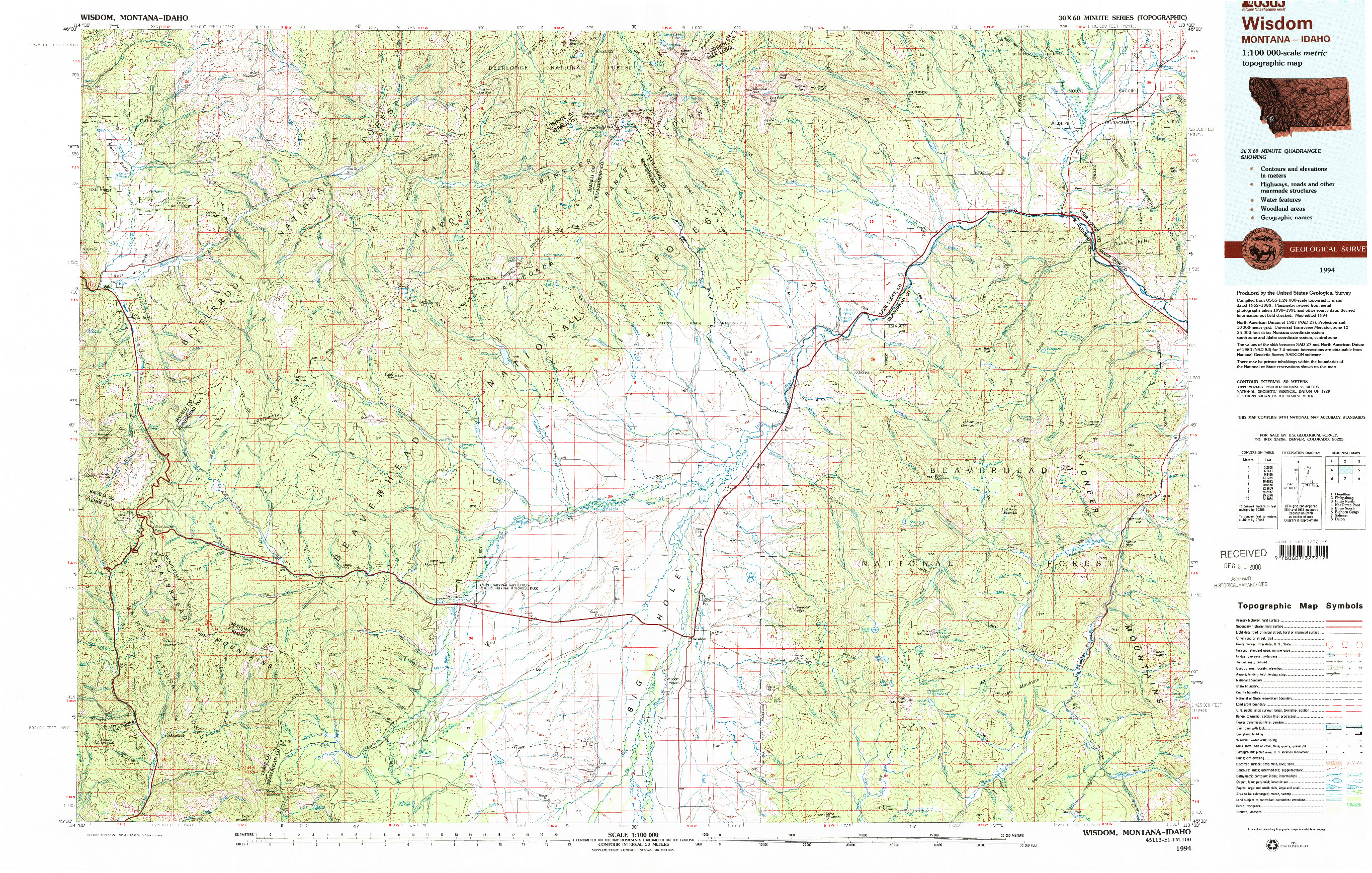 USGS 1:100000-SCALE QUADRANGLE FOR WISDOM, MT 1994