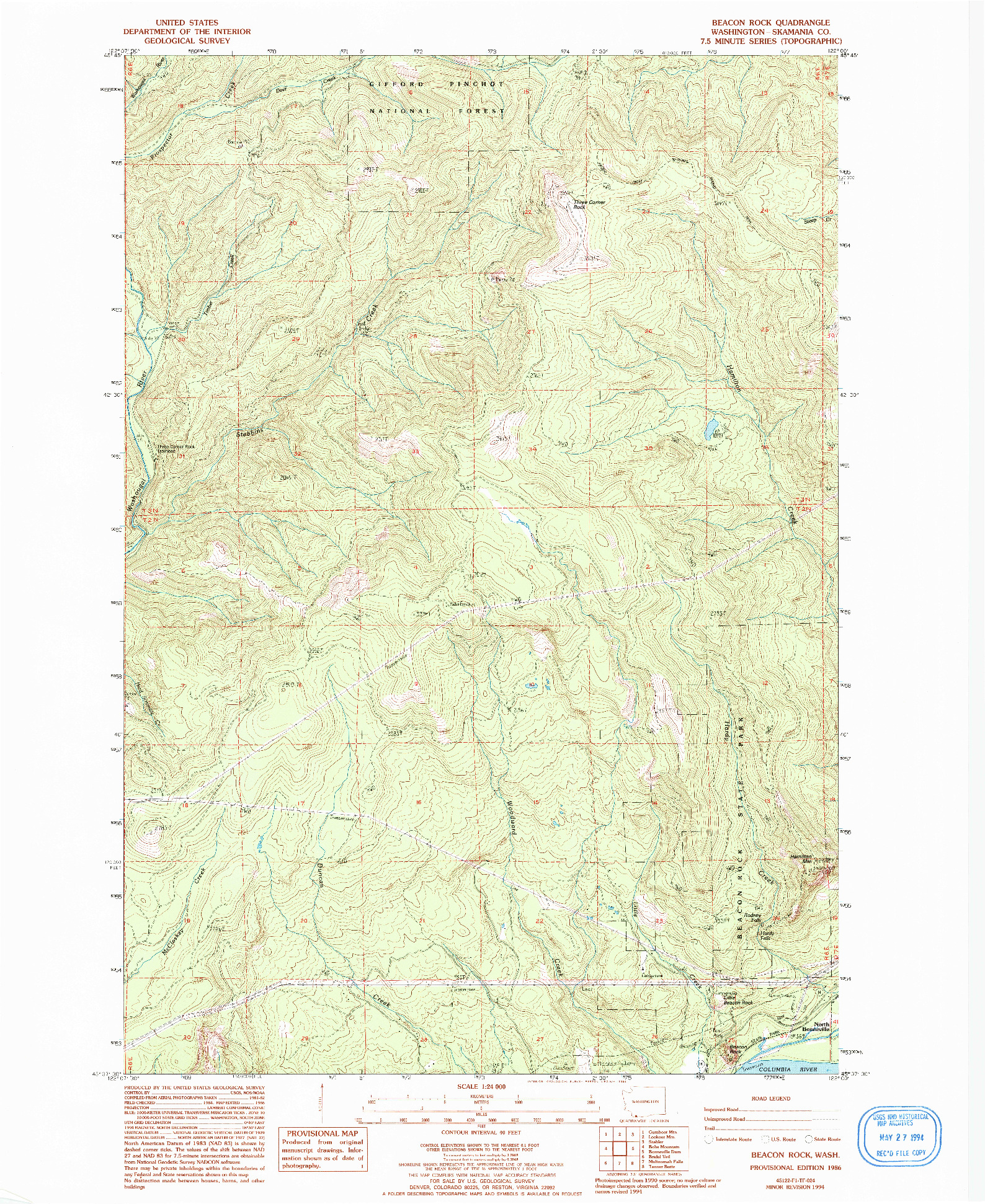 USGS 1:24000-SCALE QUADRANGLE FOR BEACON ROCK, WA 1986