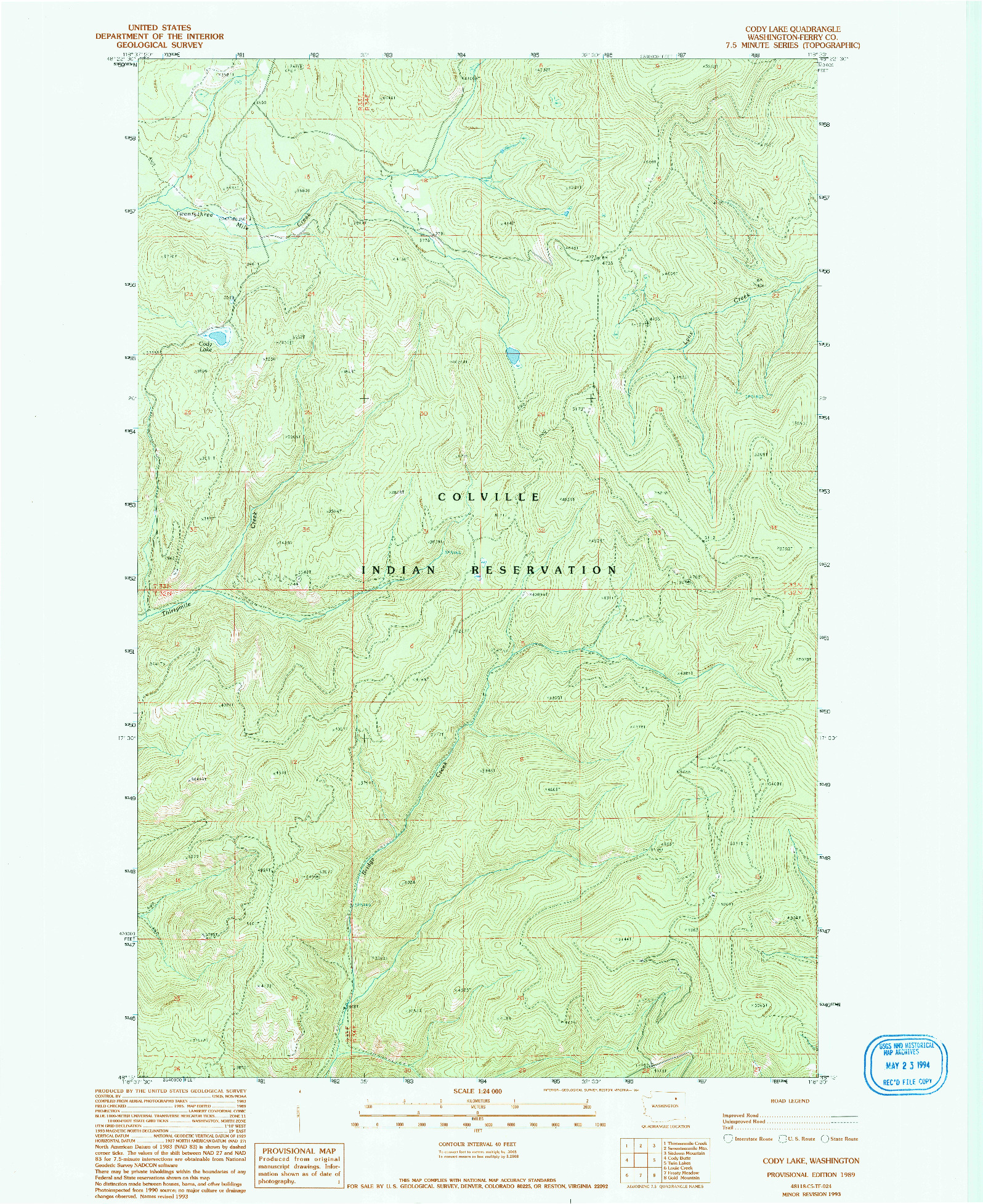 USGS 1:24000-SCALE QUADRANGLE FOR CODY LAKE, WA 1989