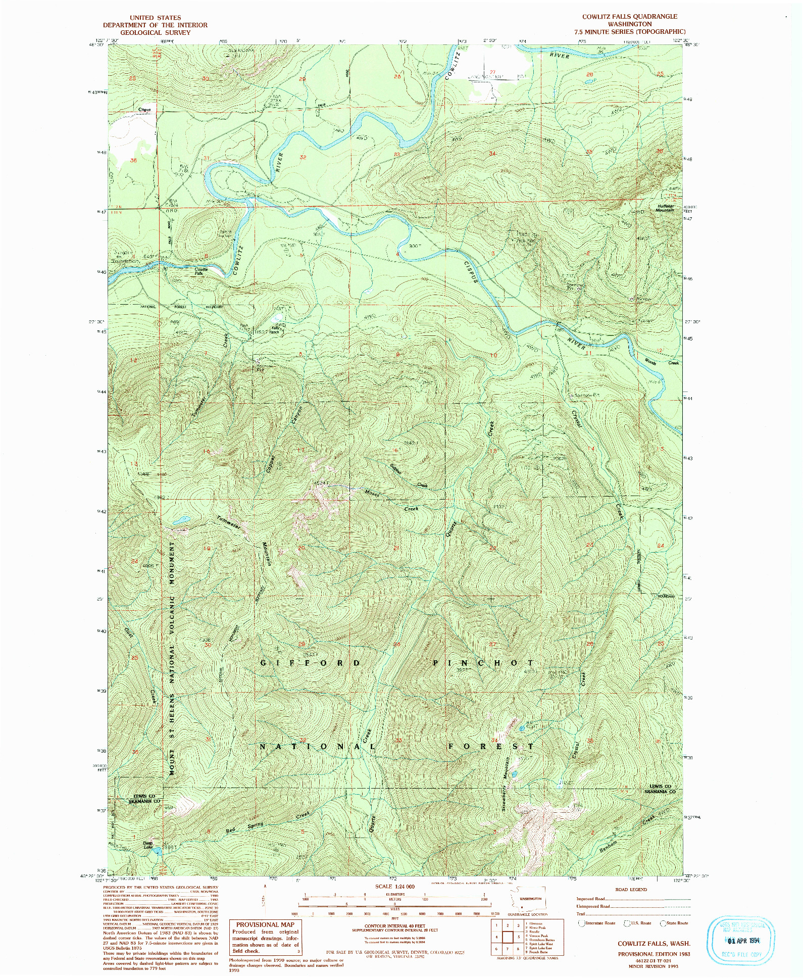 USGS 1:24000-SCALE QUADRANGLE FOR COWLITZ FALLS, WA 1983