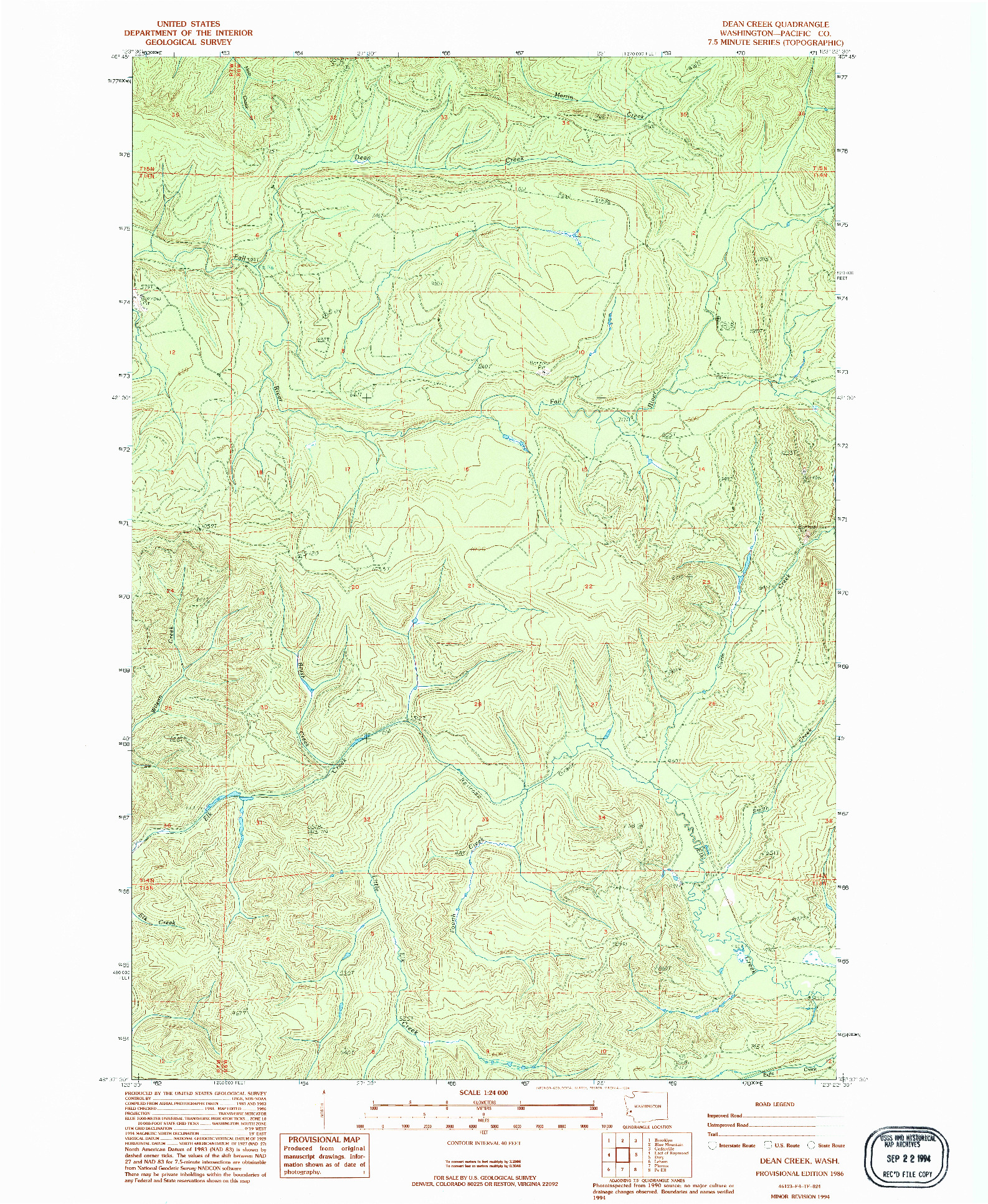 USGS 1:24000-SCALE QUADRANGLE FOR DEAN CREEK, WA 1986