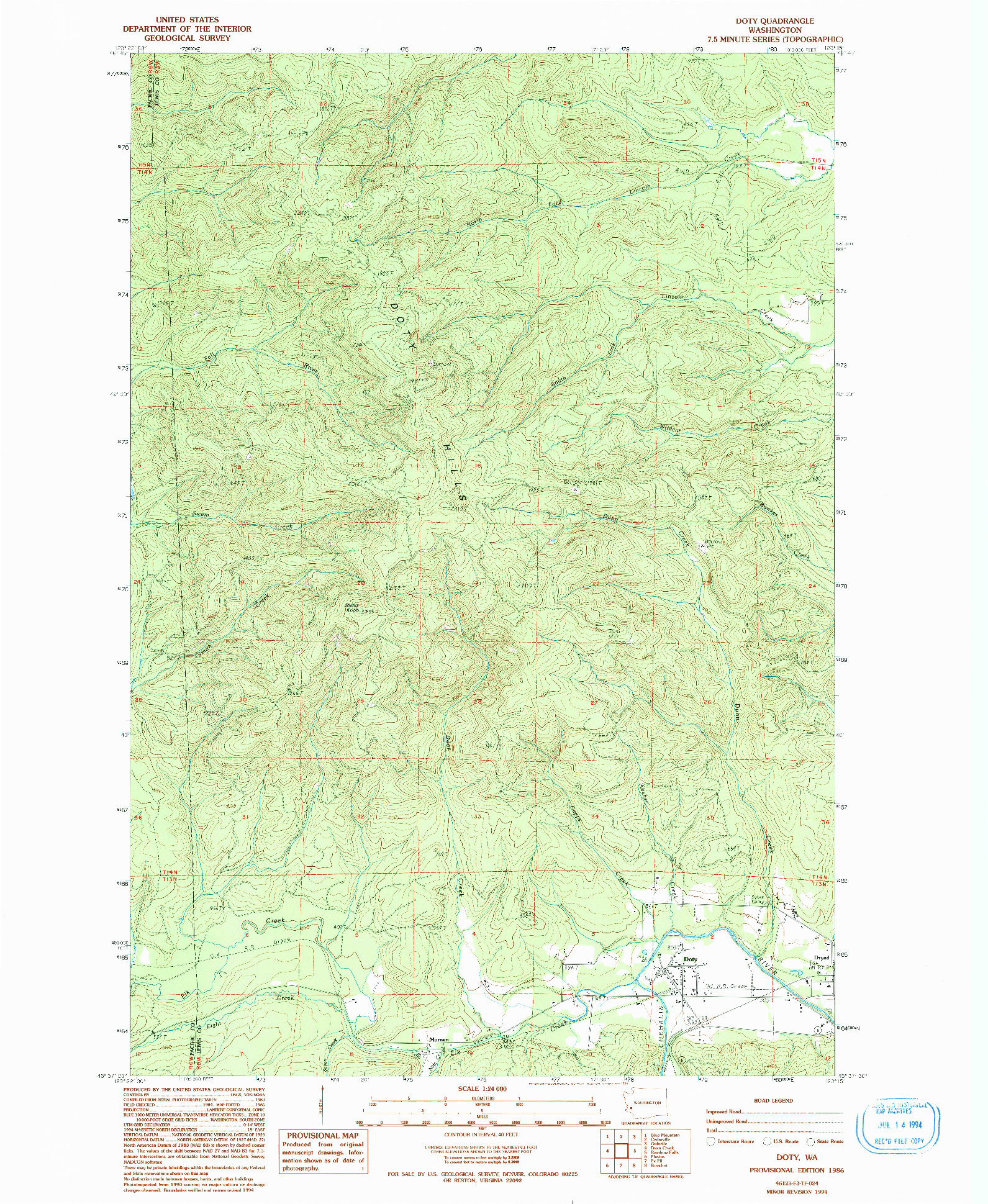 USGS 1:24000-SCALE QUADRANGLE FOR DOTY, WA 1986