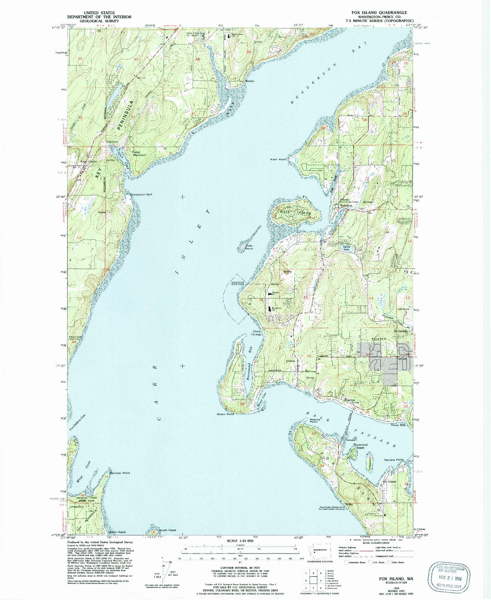 USGS 1:24000-SCALE QUADRANGLE FOR FOX ISLAND, WA 1953