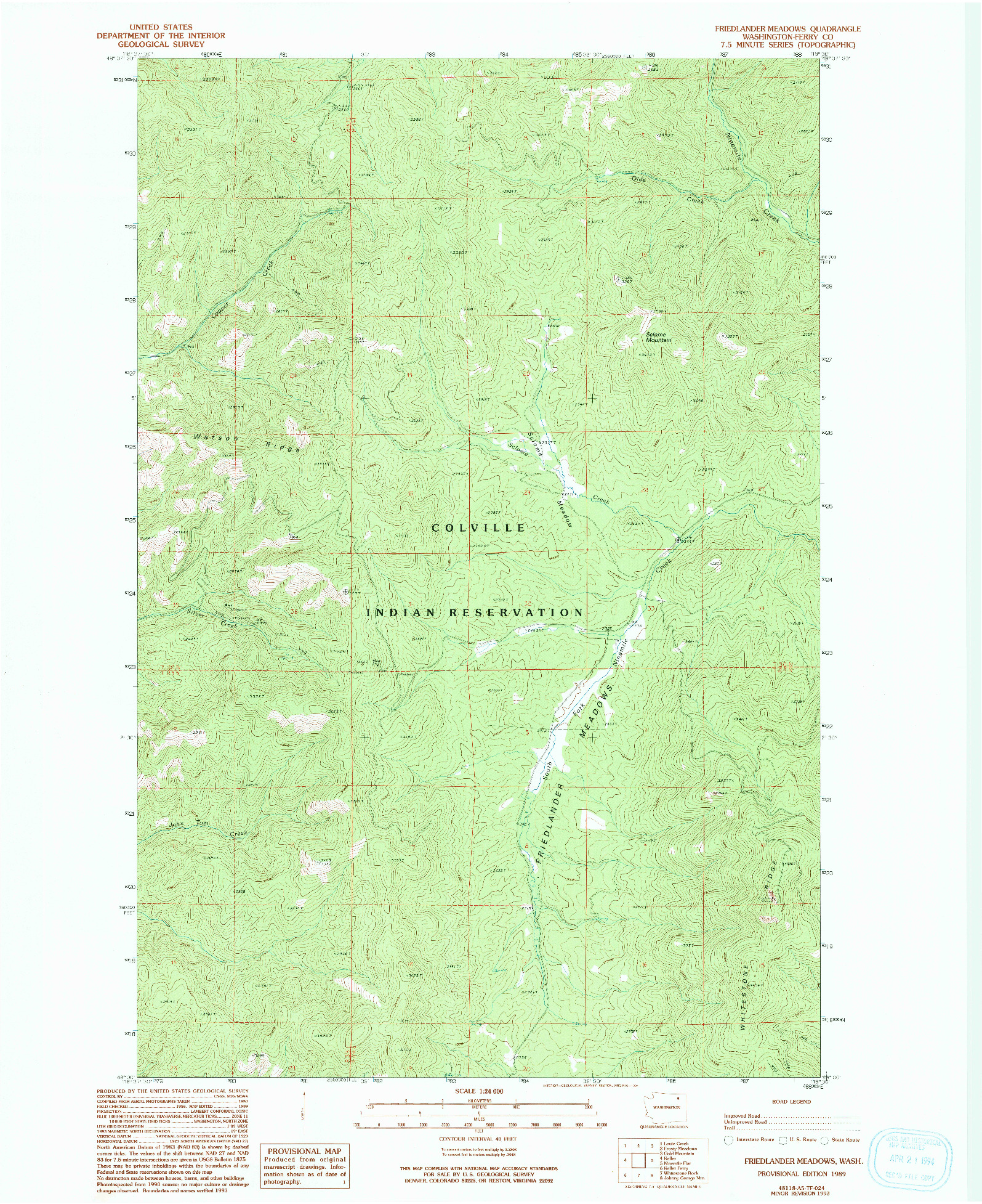 USGS 1:24000-SCALE QUADRANGLE FOR FRIEDLANDER MEADOWS, WA 1989