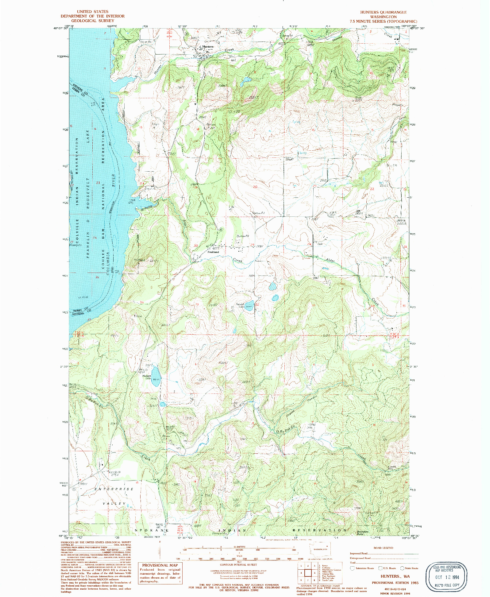 USGS 1:24000-SCALE QUADRANGLE FOR HUNTERS, WA 1985