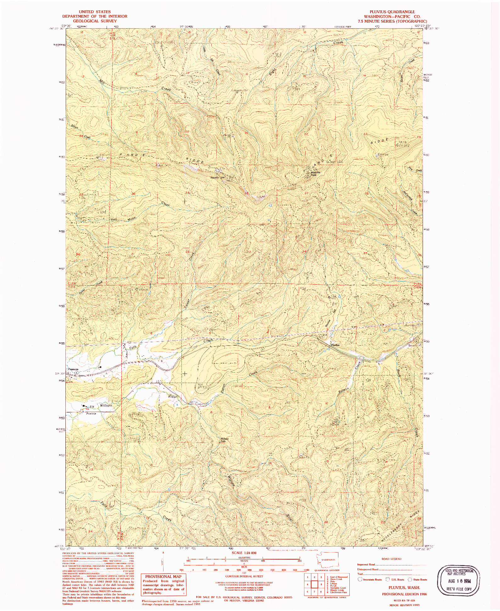 USGS 1:24000-SCALE QUADRANGLE FOR PLUVIUS, WA 1986