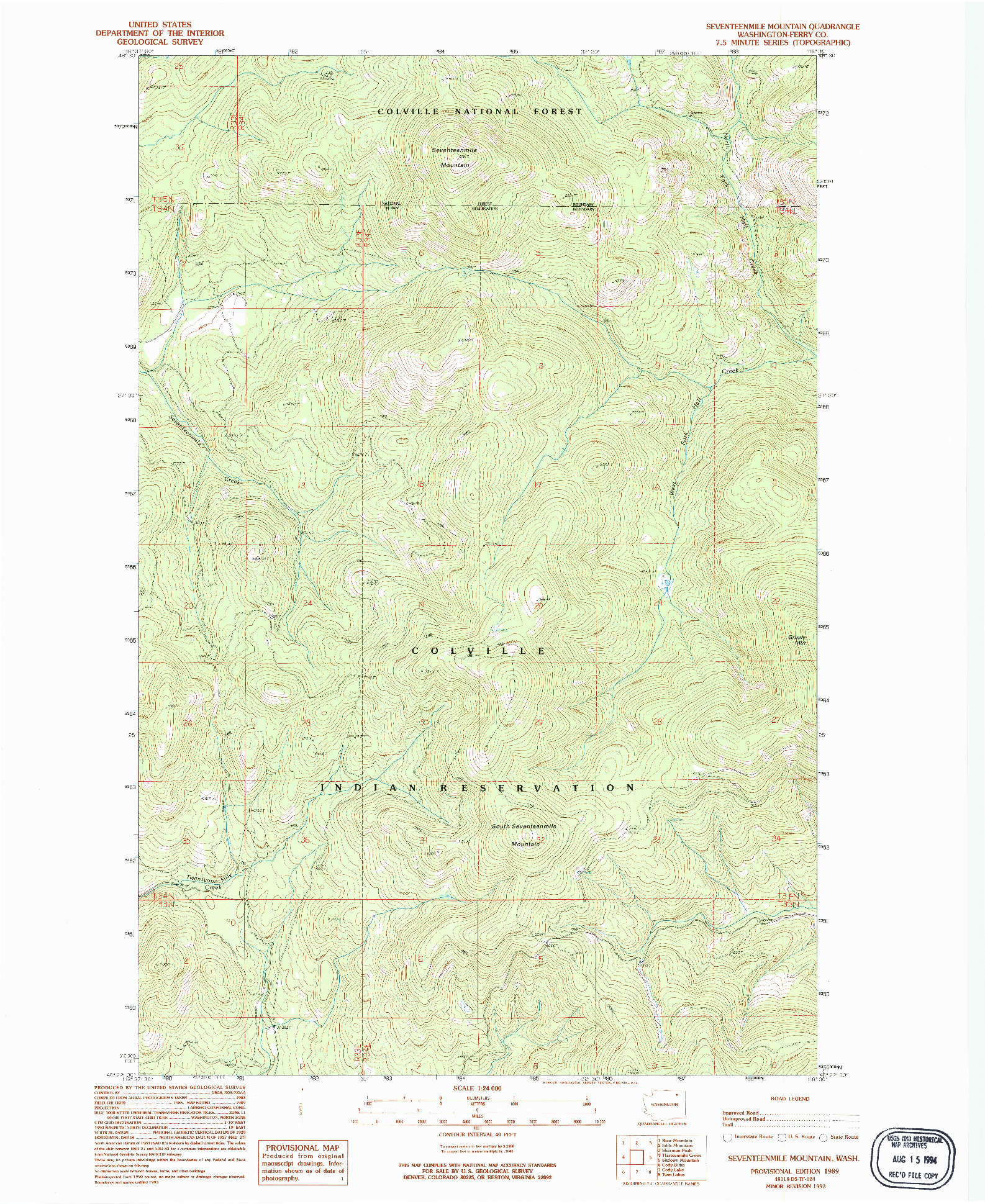 USGS 1:24000-SCALE QUADRANGLE FOR SEVENTEENMILE MOUNTAIN, WA 1989