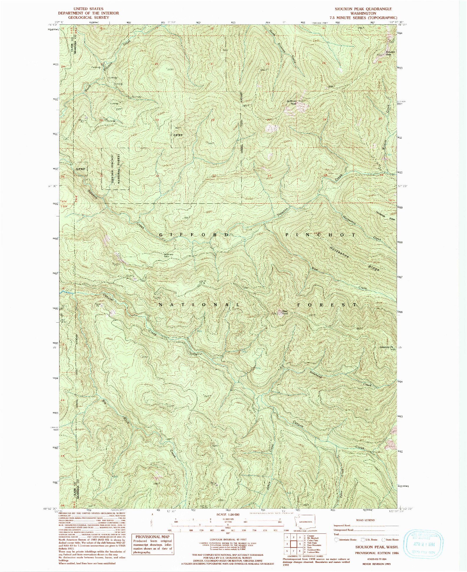 USGS 1:24000-SCALE QUADRANGLE FOR SIOUXON PEAK, WA 1986