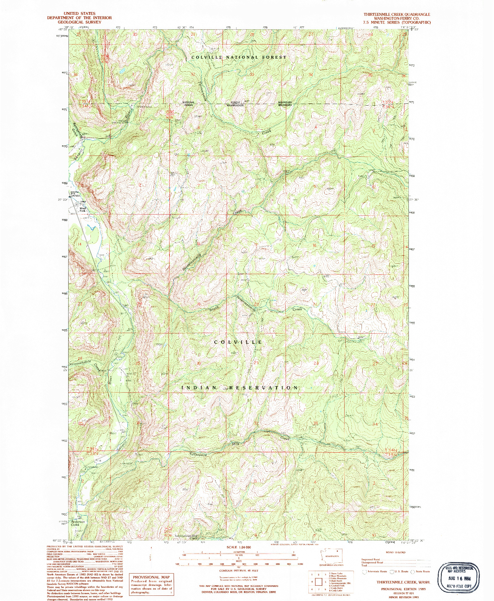 USGS 1:24000-SCALE QUADRANGLE FOR THIRTEENMILE CREEK, WA 1989