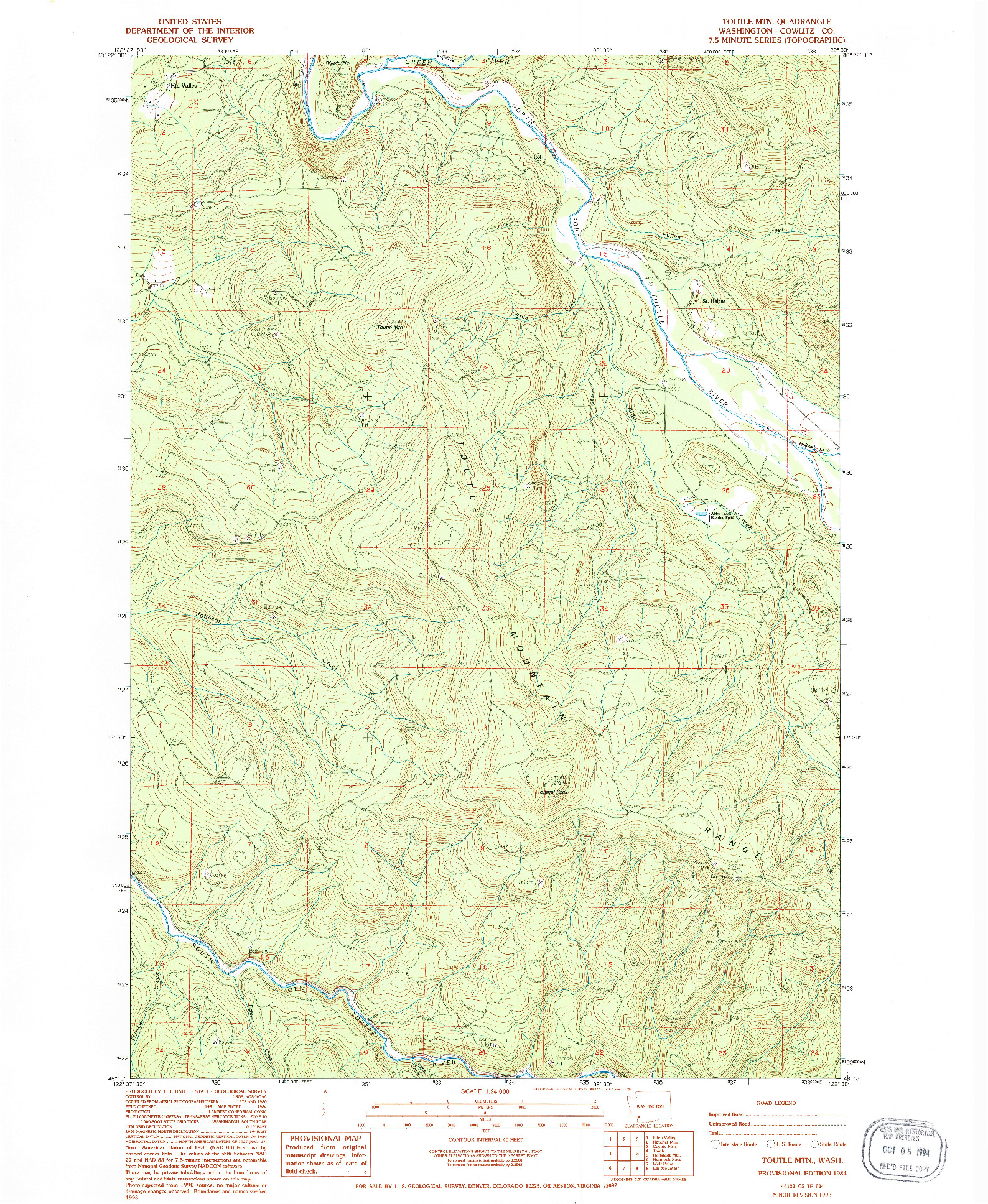 USGS 1:24000-SCALE QUADRANGLE FOR TOUTLE MTN., WA 1984