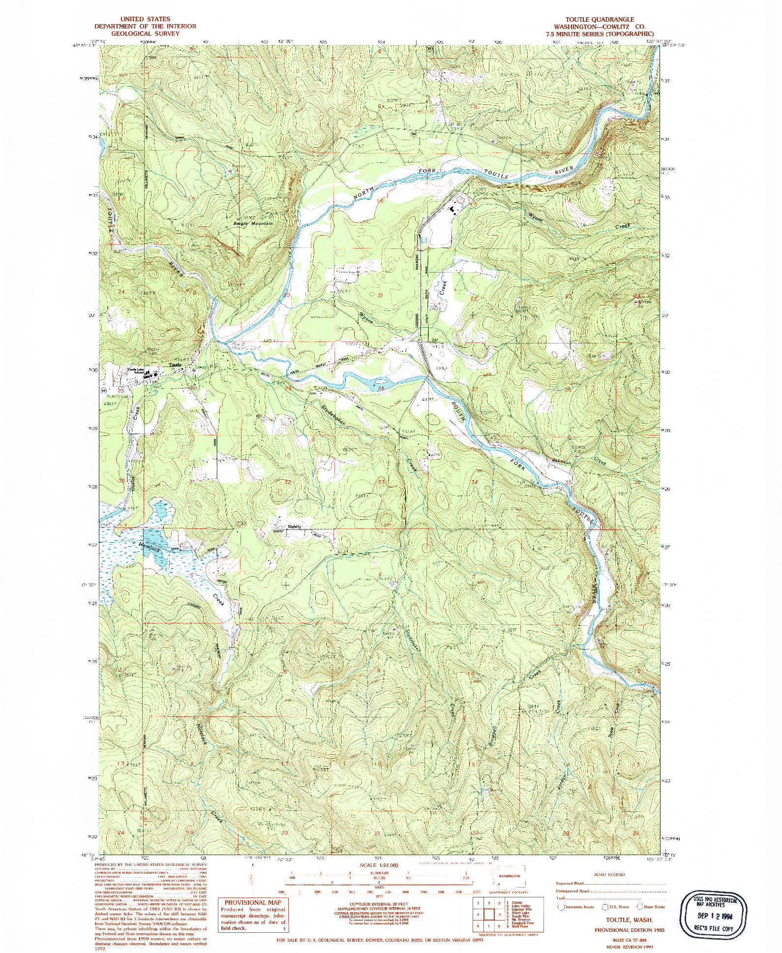 USGS 1:24000-SCALE QUADRANGLE FOR TOUTLE, WA 1985
