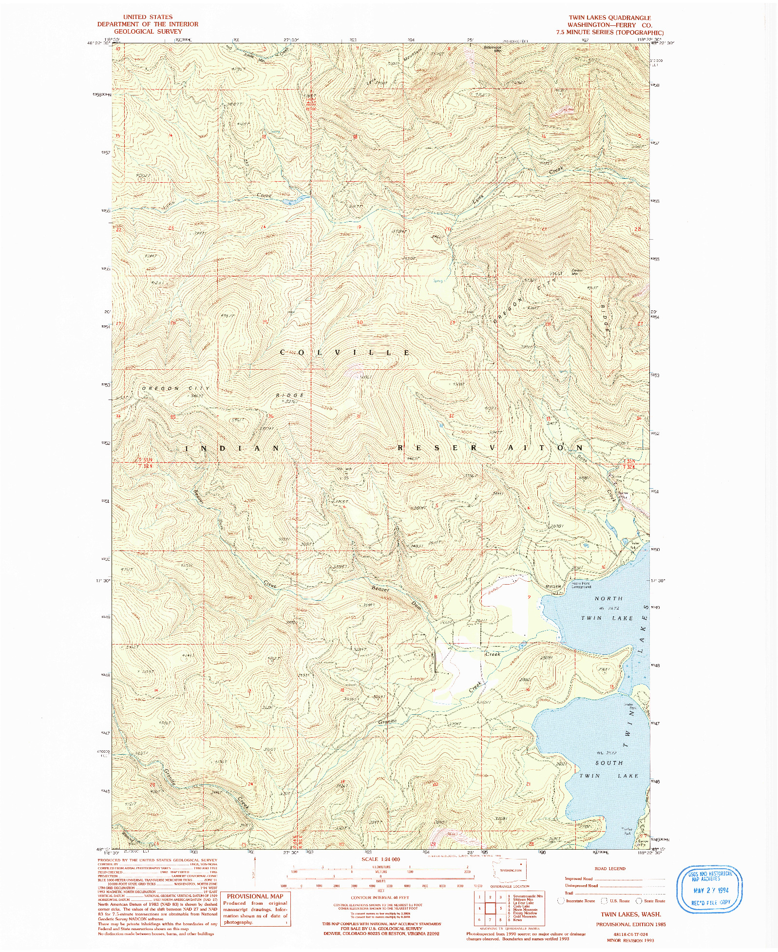 USGS 1:24000-SCALE QUADRANGLE FOR TWIN LAKES, WA 1985