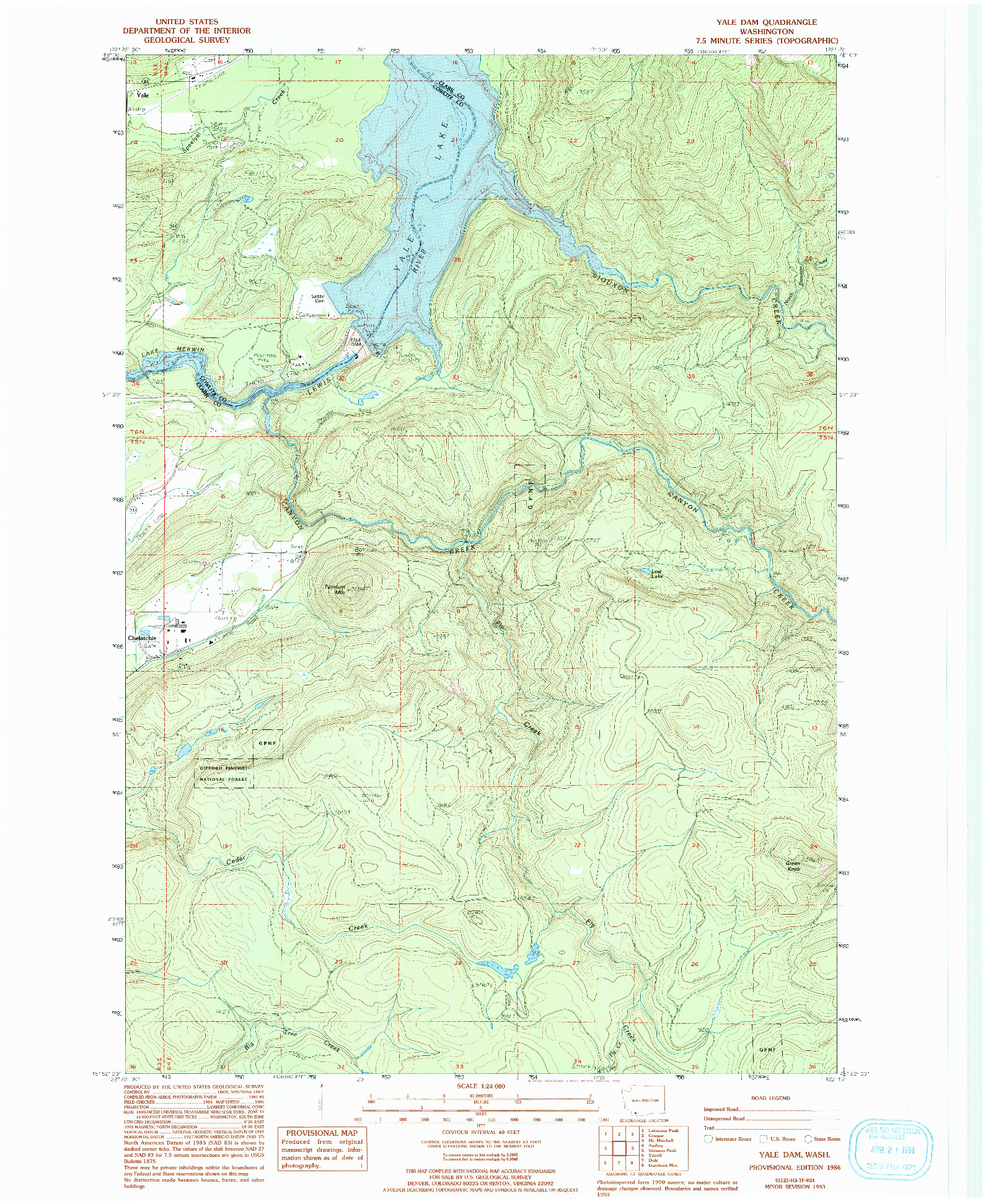 USGS 1:24000-SCALE QUADRANGLE FOR YALE DAM, WA 1986