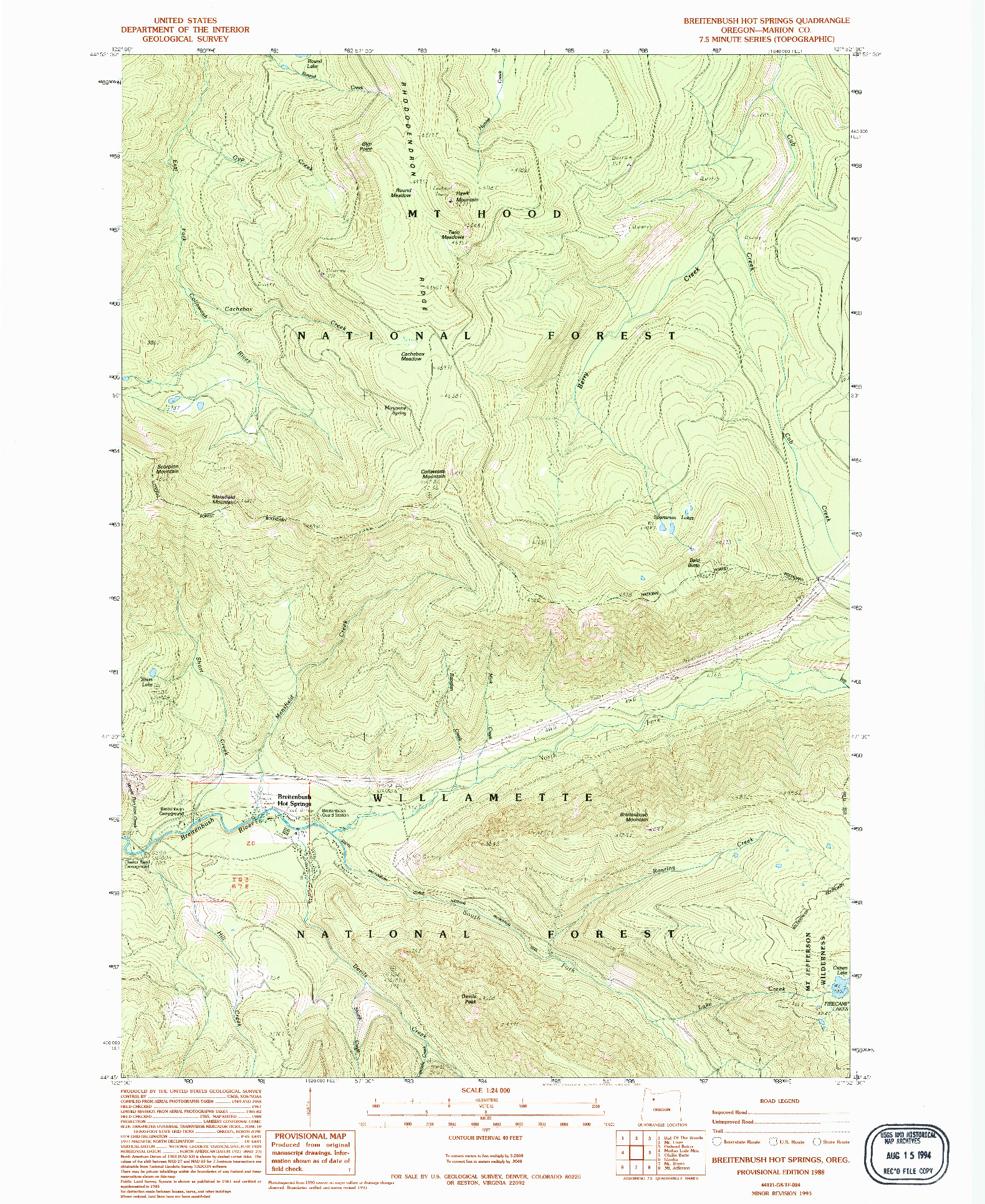 USGS 1:24000-SCALE QUADRANGLE FOR BREITENBUSH HOT SPRINGS, OR 1988