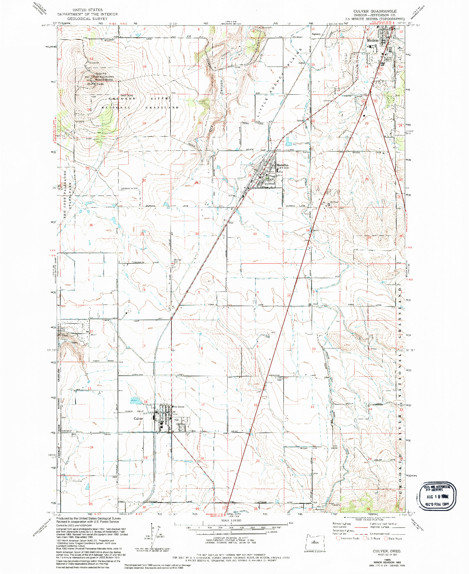 USGS 1:24000-SCALE QUADRANGLE FOR CULVER, OR 1985