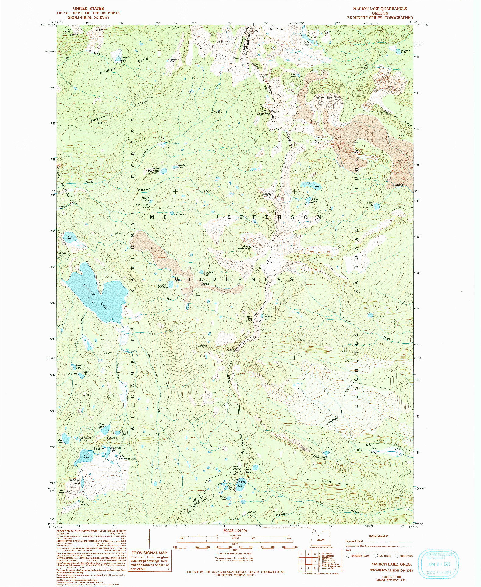 USGS 1:24000-SCALE QUADRANGLE FOR MARION LAKE, OR 1988