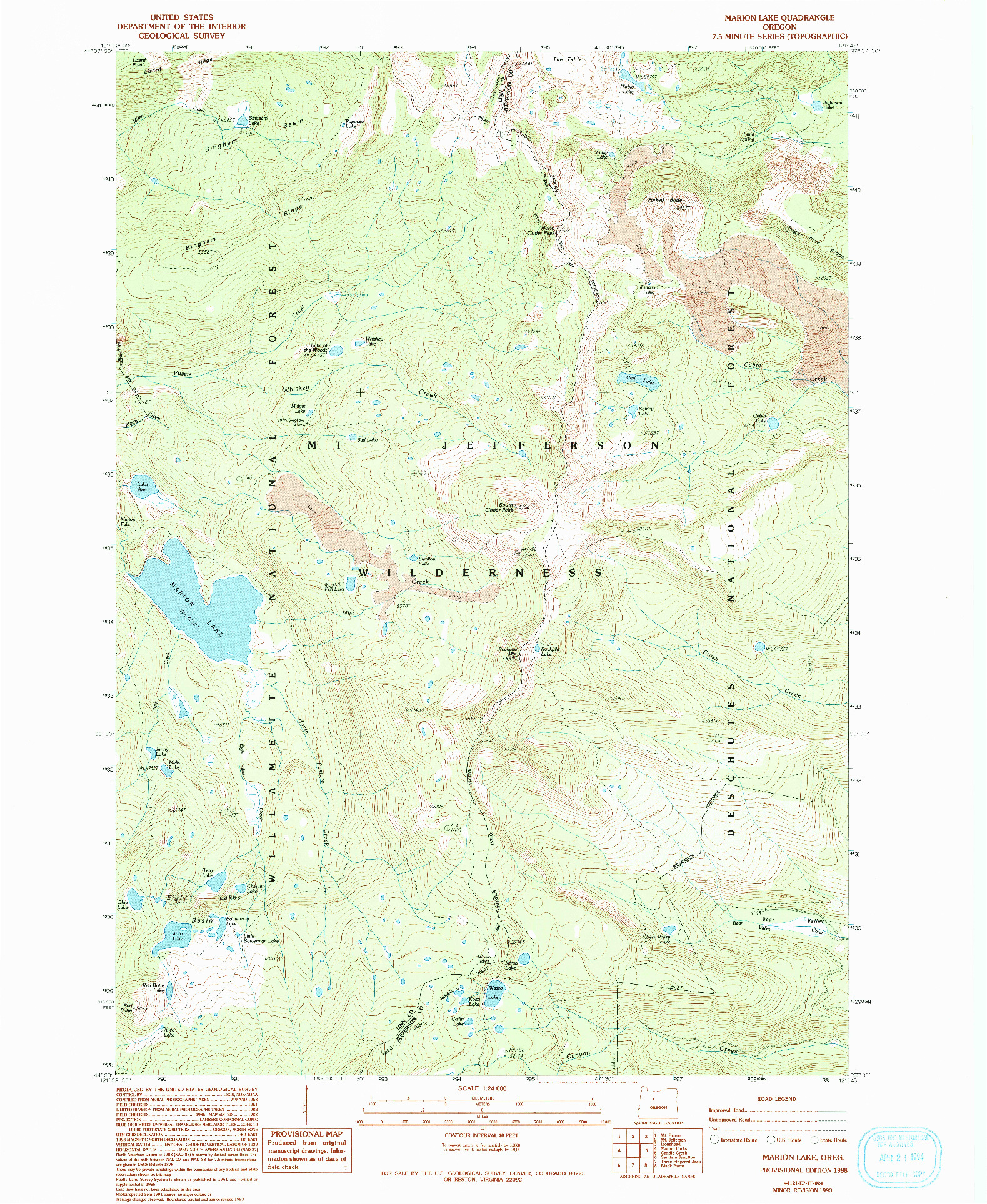 USGS 1:24000-SCALE QUADRANGLE FOR MARION LAKE, OR 1988