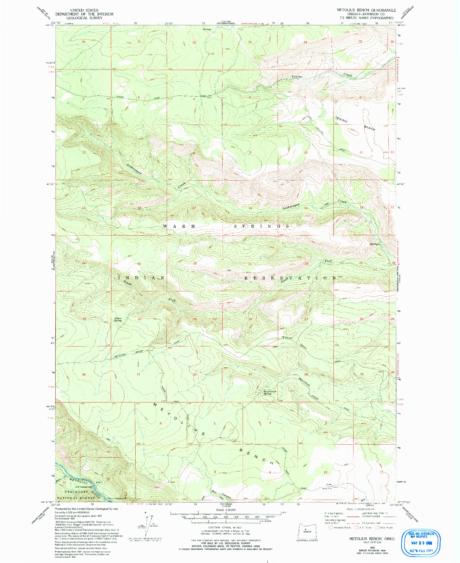 USGS 1:24000-SCALE QUADRANGLE FOR METOLIUS BENCH, OR 1962